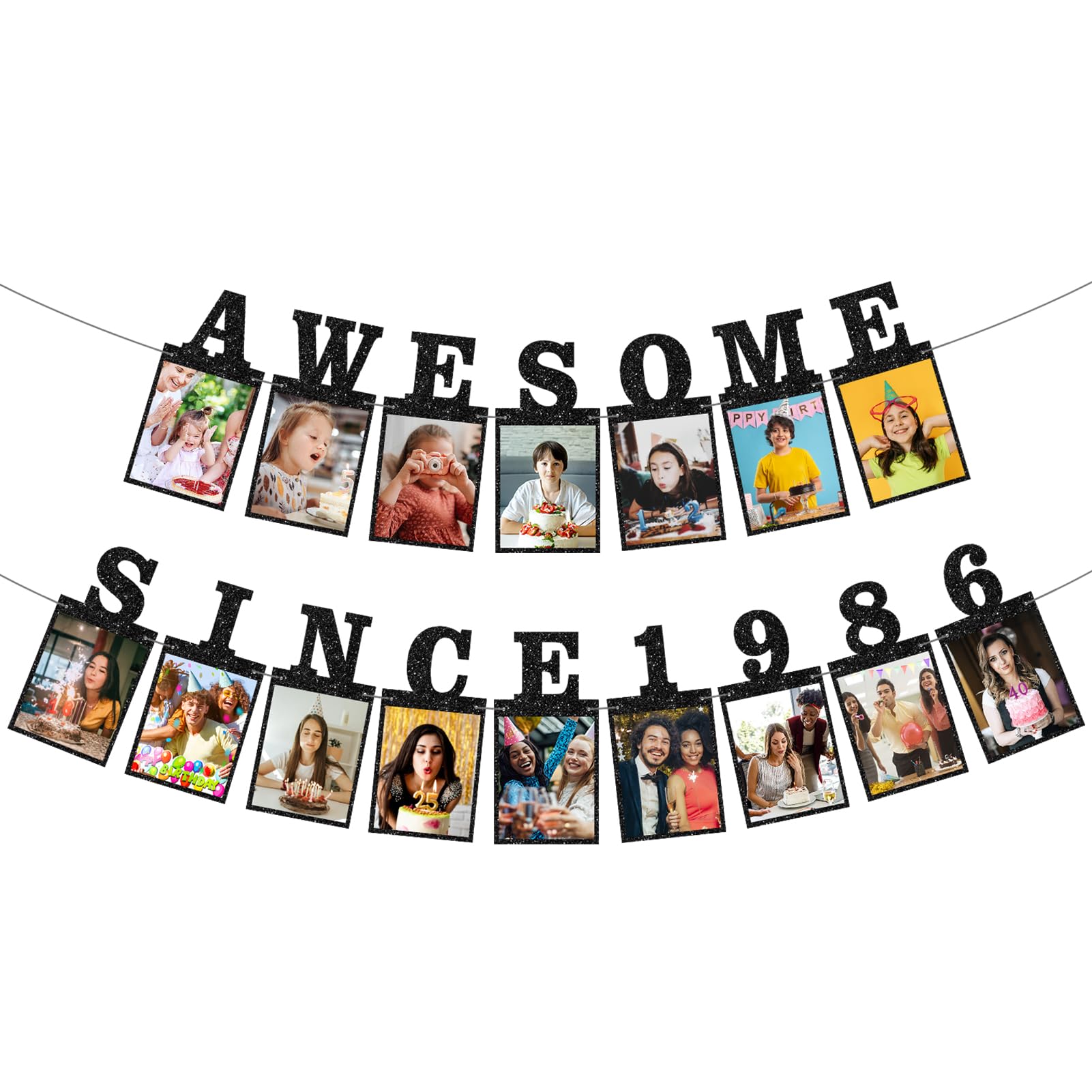 Pre-strung Awesome Since 1986 Photo Banner Birthday Decorations for Women Men - Black Glitter 40th Birthday and Anniversary Decorations Party Supplies