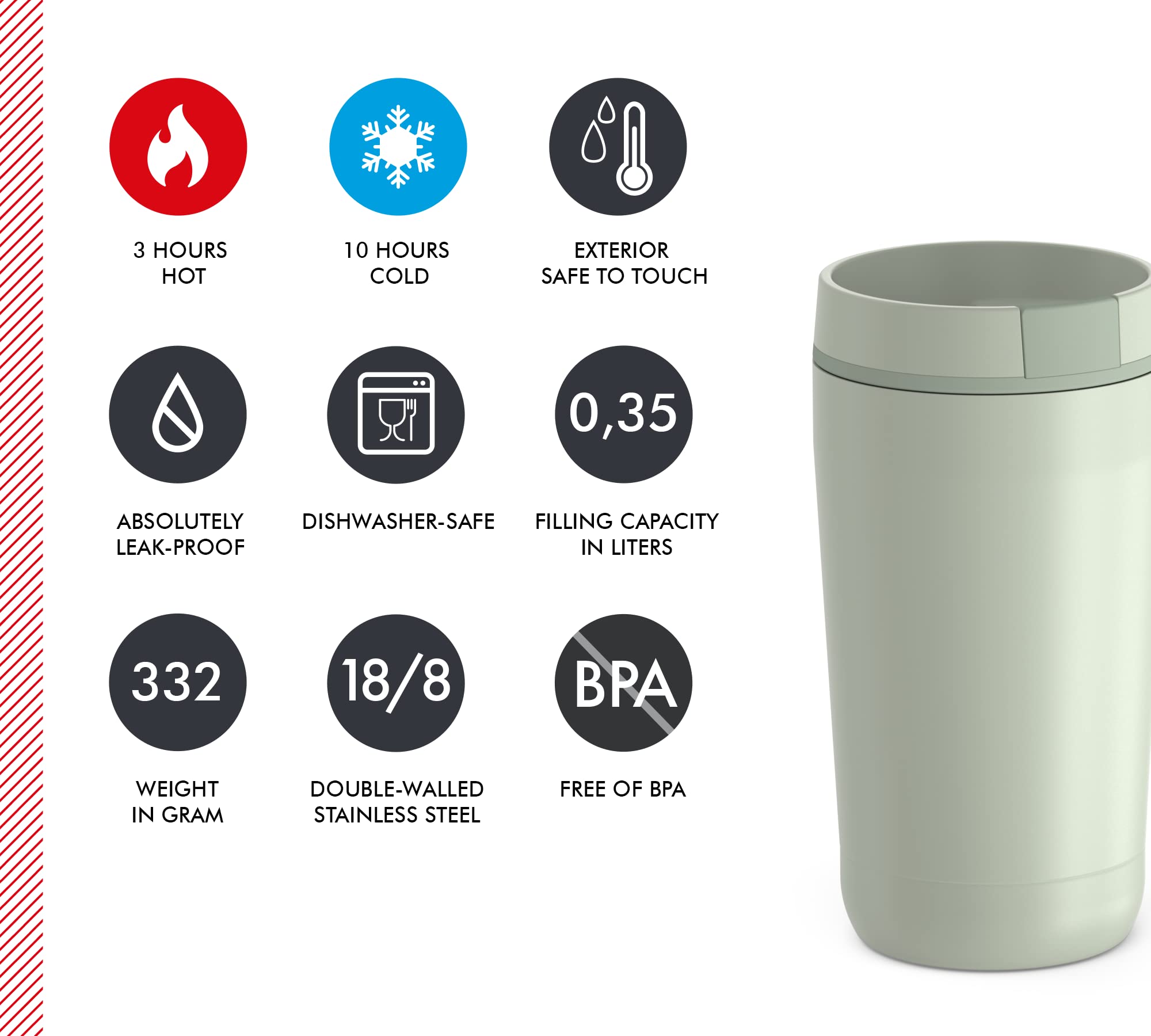 Thermos GUARDIAN MUG 0,35 l, gobelet isotherme en acier inoxydable avec revêtement par poudre, gobelet à café à emporter, facile à utiliser, entièrement étanche, passe au lave-vaisselle