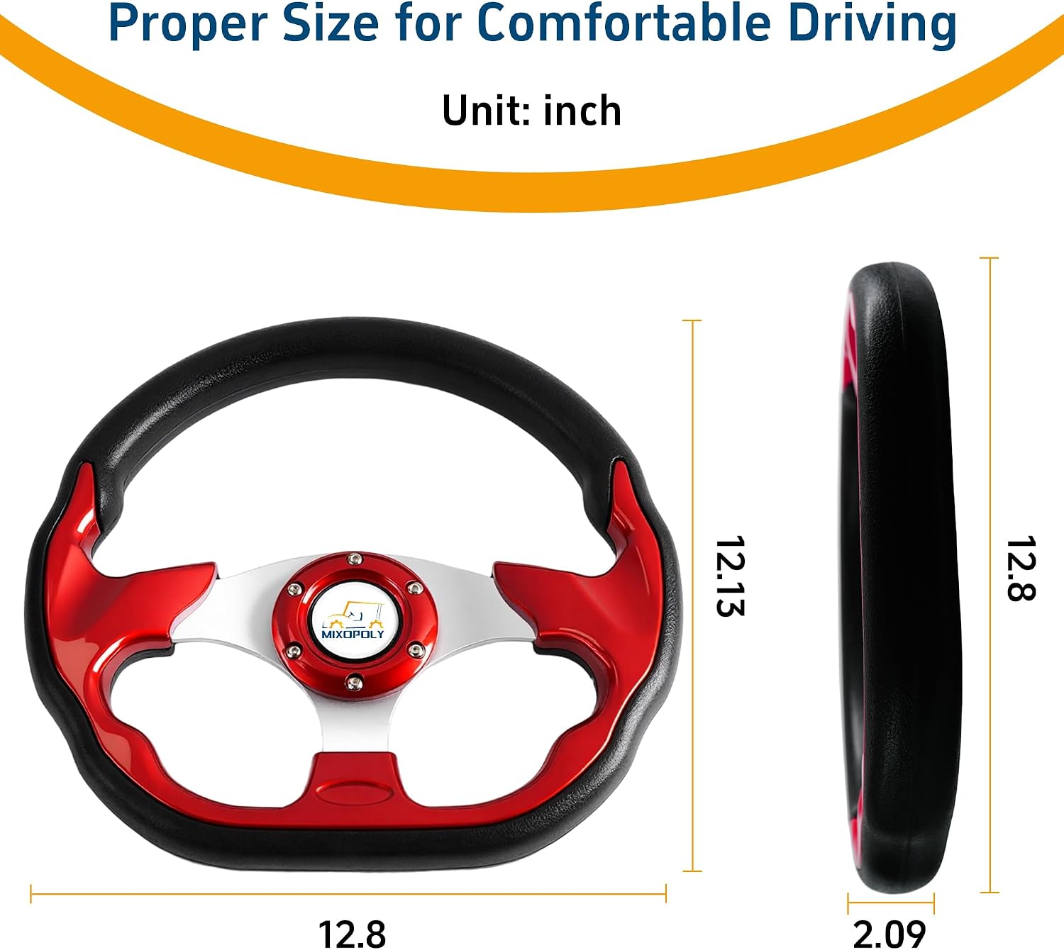 12.5" Universal Golf Cart Steering Wheel fits Club Car DS/Precedent/Onward/Tempo, Yamaha, and EZGO TXT/RXV Golf Cart, Anti-slip and good grip (D-Shape, Red)