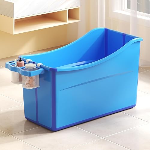 Bañera plegable para bebé, bañera plegable para niños pequeños, portátil, grande, plegable, con termómetro y cesta de almacenamiento (azul)