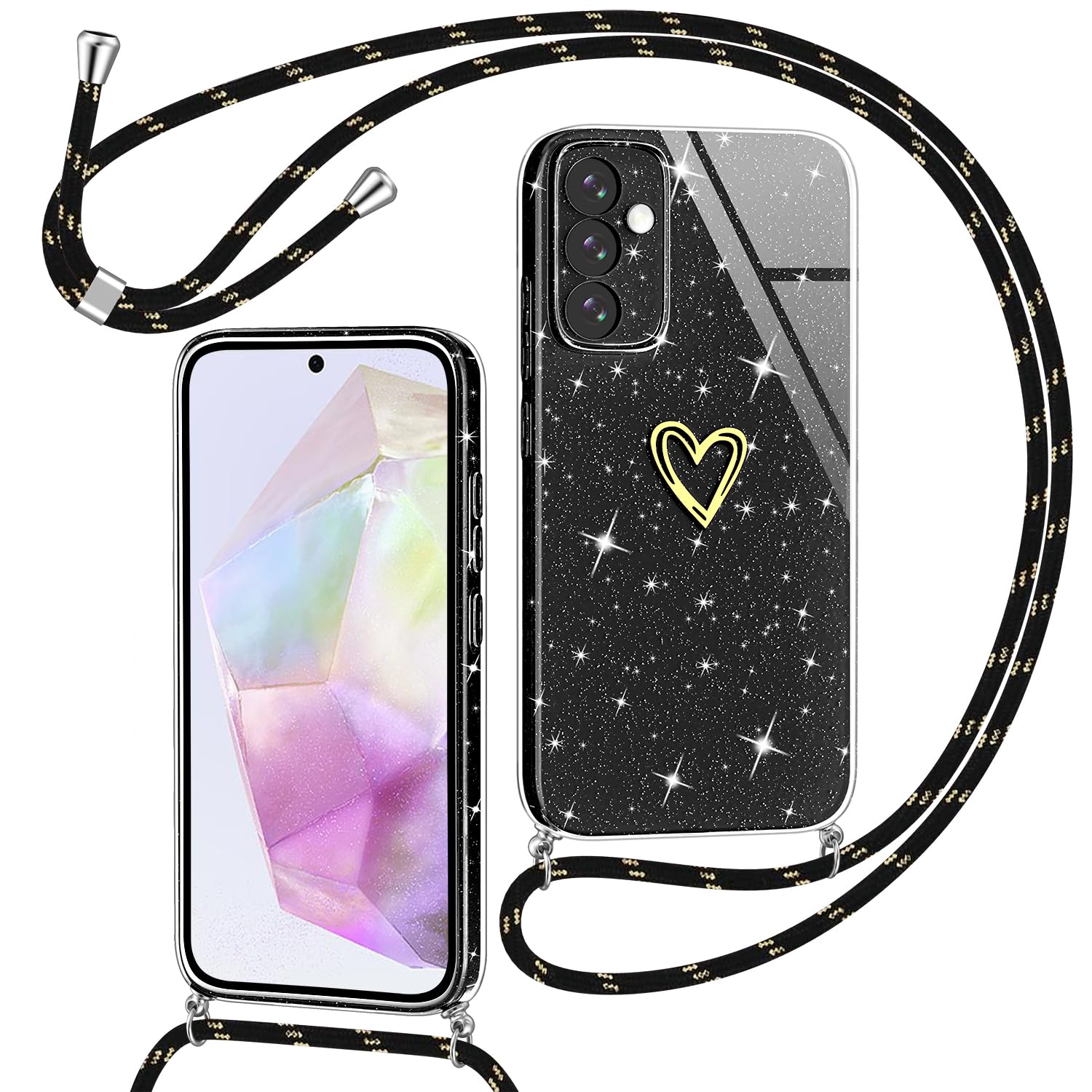 Yichxu Handyband für Samsung Galaxy A35 Hülle mit Band, Glitzer Herz Silikon Handyhülle Kordel zum Umhängen, Schutzhülle mit Kette TPU Gel Stoßfest Necklace Handy Hülle für Samsung A35 5G, Schwarz