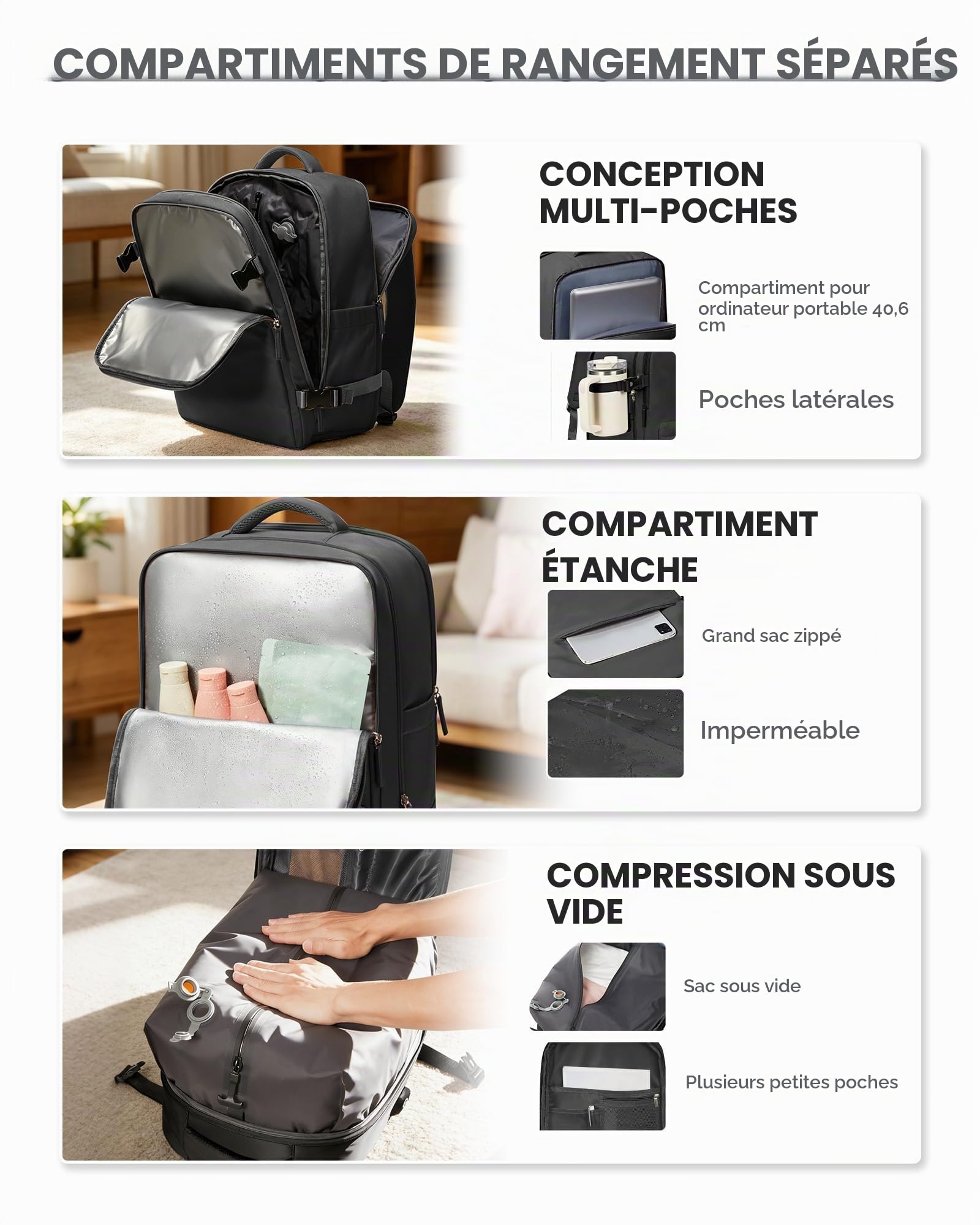 SZSYCN Sac à Dos Ryanair 40x30x20 Compression Sous Vide avec Pompe Bagage Cabine Ryanair Sous Vide Bagage à Main 40x30x20 Wizzair Easyjet Sac à Dos Loisir pour Ordinateur Portable de 16 Pouces