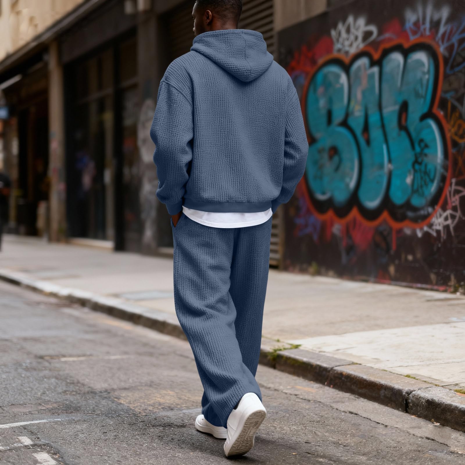 Jogginganzug Herren Waffel Reißverschluss Hoodie Herren 2 Teiler Set Hose