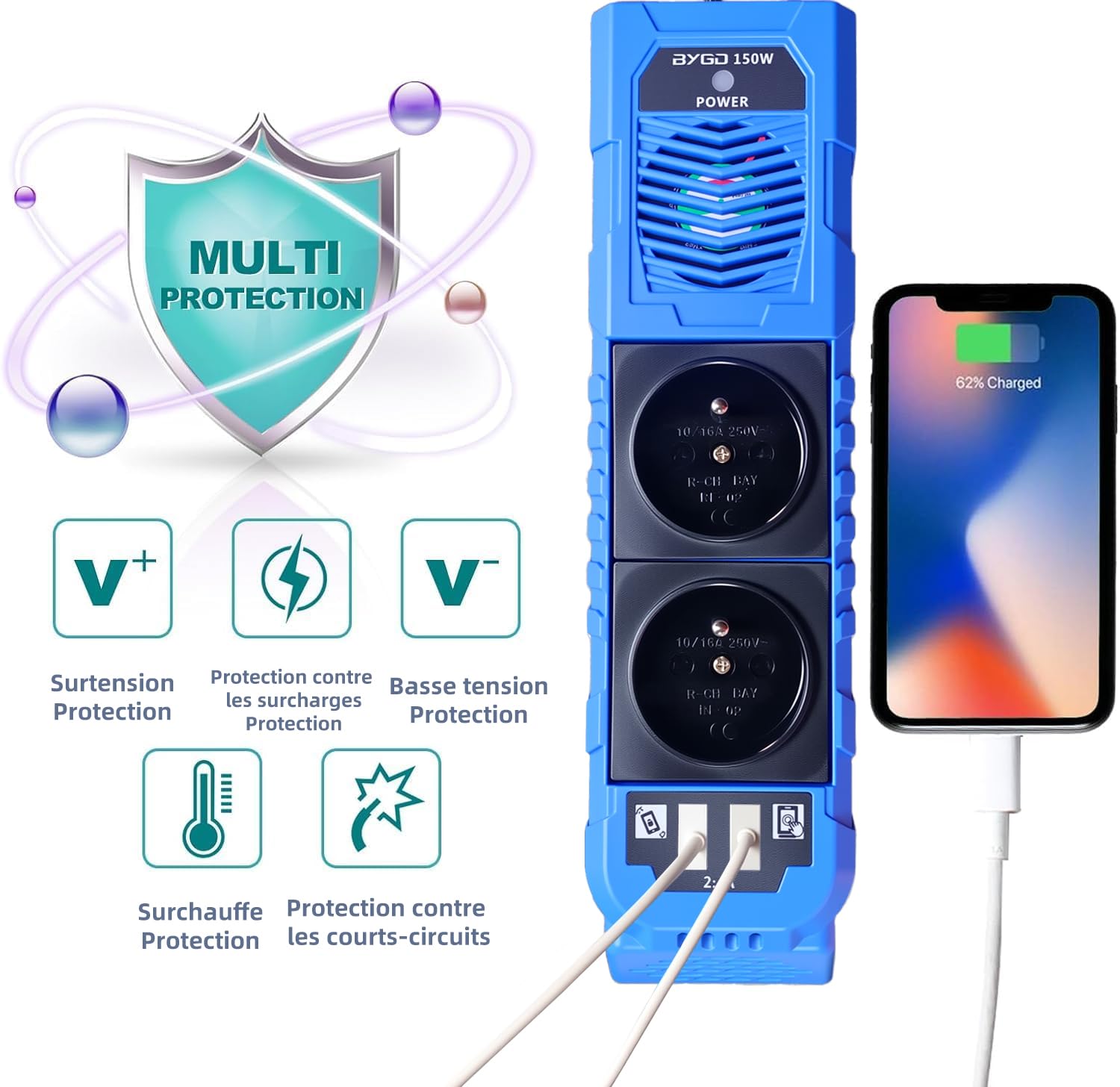 BYGD Convertisseur 12v 150W, Prise Allume Cigare Transformateur de Tension avec 2 Ports USB et 2 Prises EU Electrique pour Auto, Phone, Tablette, Ordinateur, Camping (Bleu)