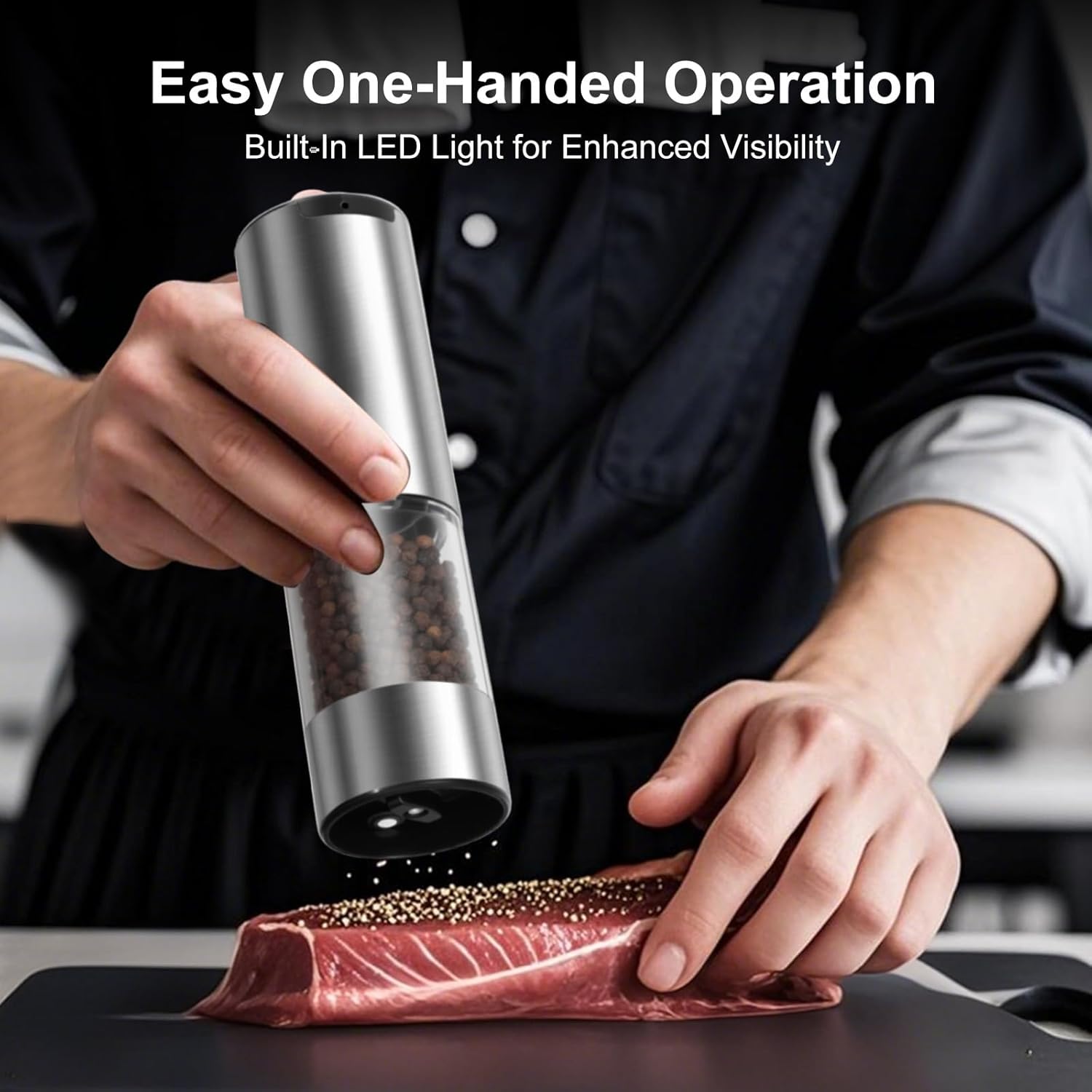 Electric Salt and Pepper Grinder Set - Rechargeable Battery Operated, Automatic with Gravity Sensor, Adjustable Coarseness, Stainless Steel with Ceramic Grinder, LED Light