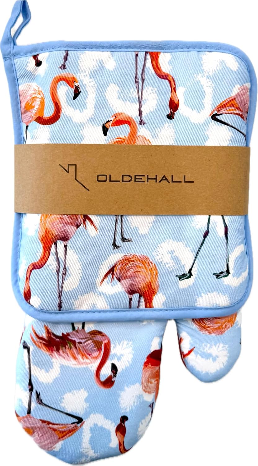 Colorful Flamingo Oven Glove/Oven Mitt & Potholder 2 Piece Set - Blue Design (1 Glove & 1 Potholder)