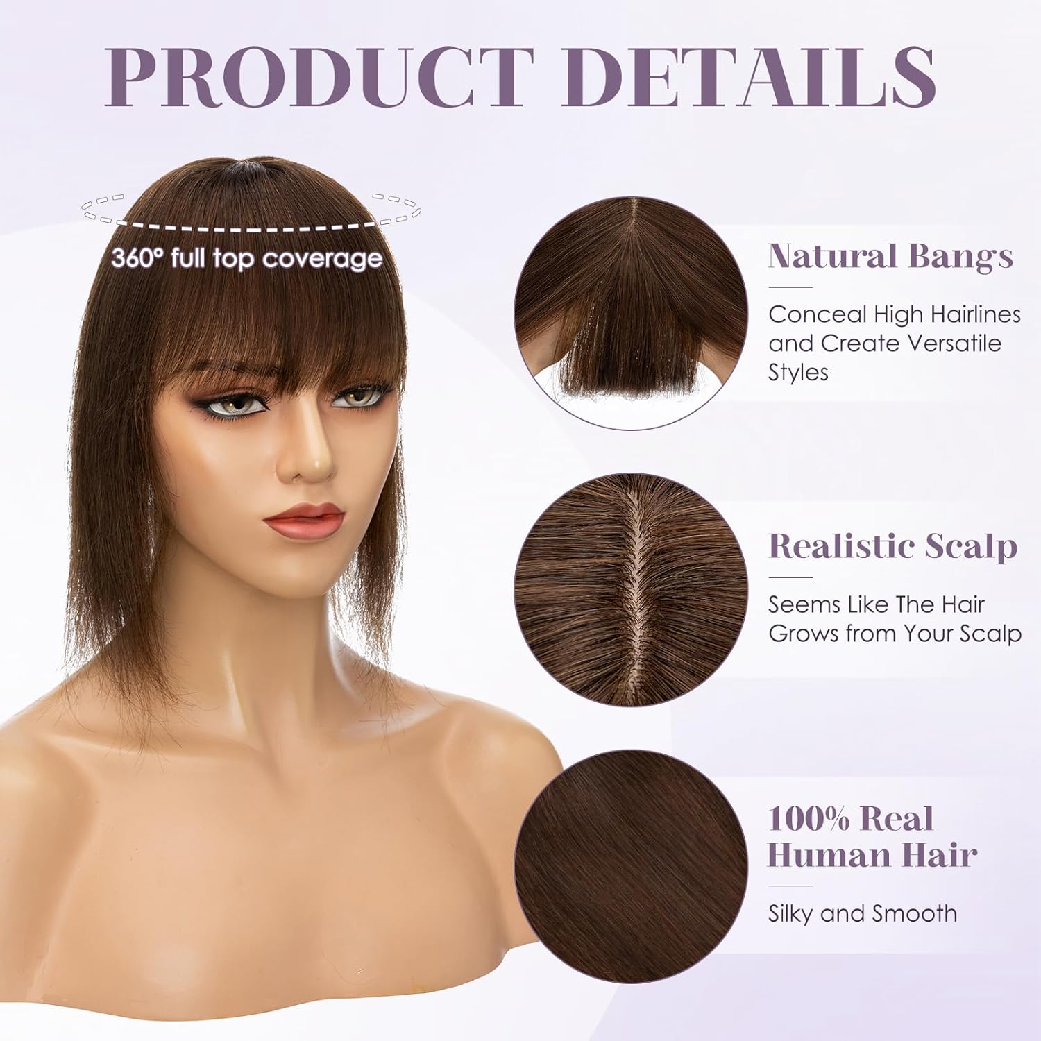 hair toppers for women real human hair 10 inch long straight toppers for women with thinning 7 * 13cm silk base clip in hairpieces with bangs (medium brown) 10 inch medium brown