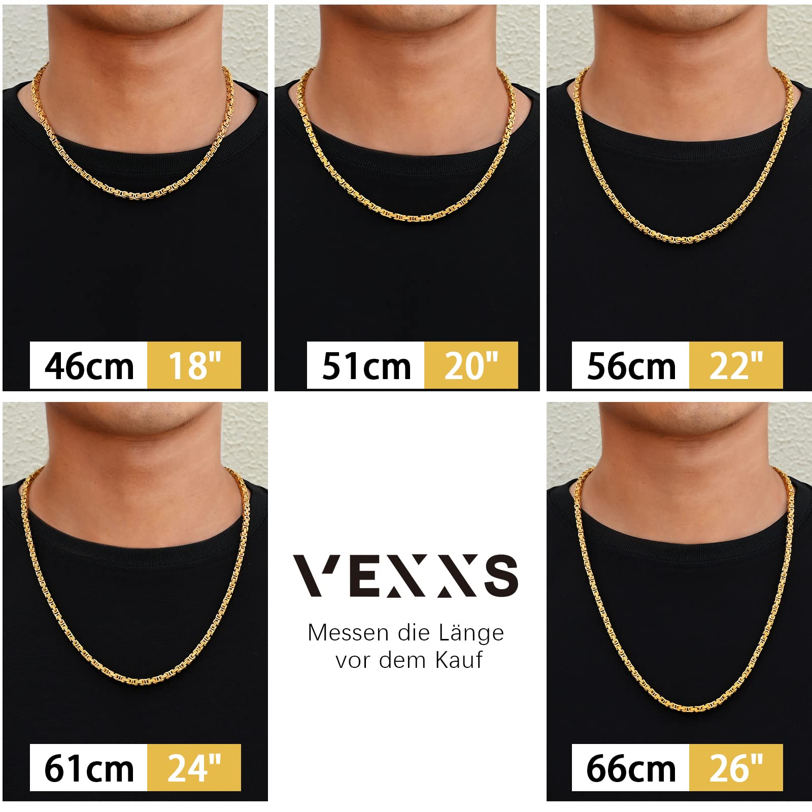 VEXXS Kette Herren 4/6mm, 18K Gold beschichtet Edelstahl Königskette, Byzantinische Goldkette für Herren Damen Mädchen Männer Jungen, Hip Hop Schmuck Geschenk,45-65cm