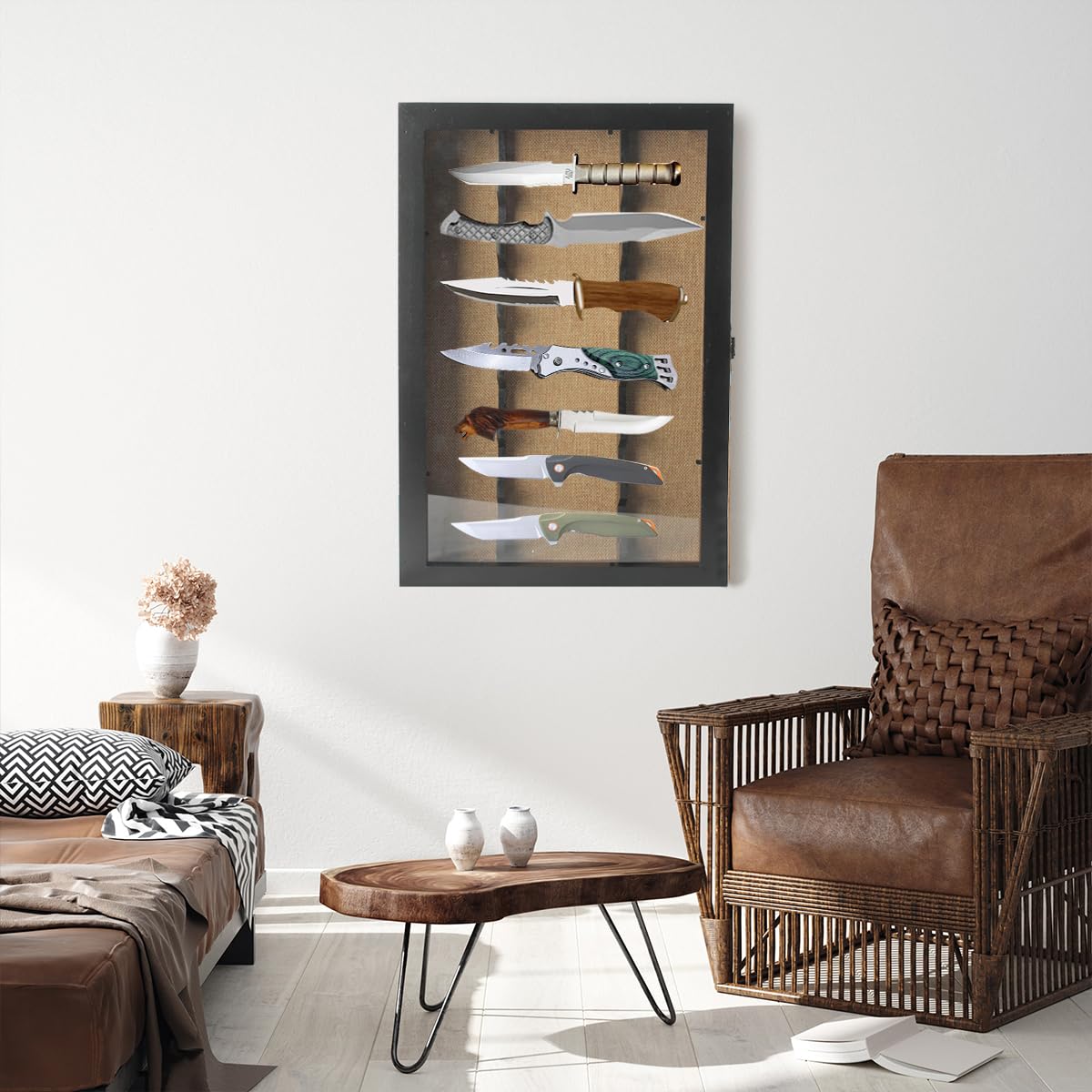 BAOK Support de couteaux en acrylique | Présentoir à couteaux pour présentoir – Bois naturel fixe Collection de couteaux Support de présentation rustique pour cabine, décoration d'intérieur