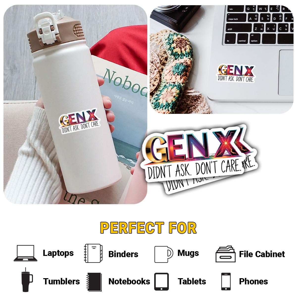 3Pcs Gen X Didn't Ask Don't Care Sticker Divertente Retro Generation X Sticker Regalo per Anno di nascita 1965-1980 Adesivi Gen X Anno 80s Orgoglioso Gen X Member Spirit Decal per laptop Bottiglia
