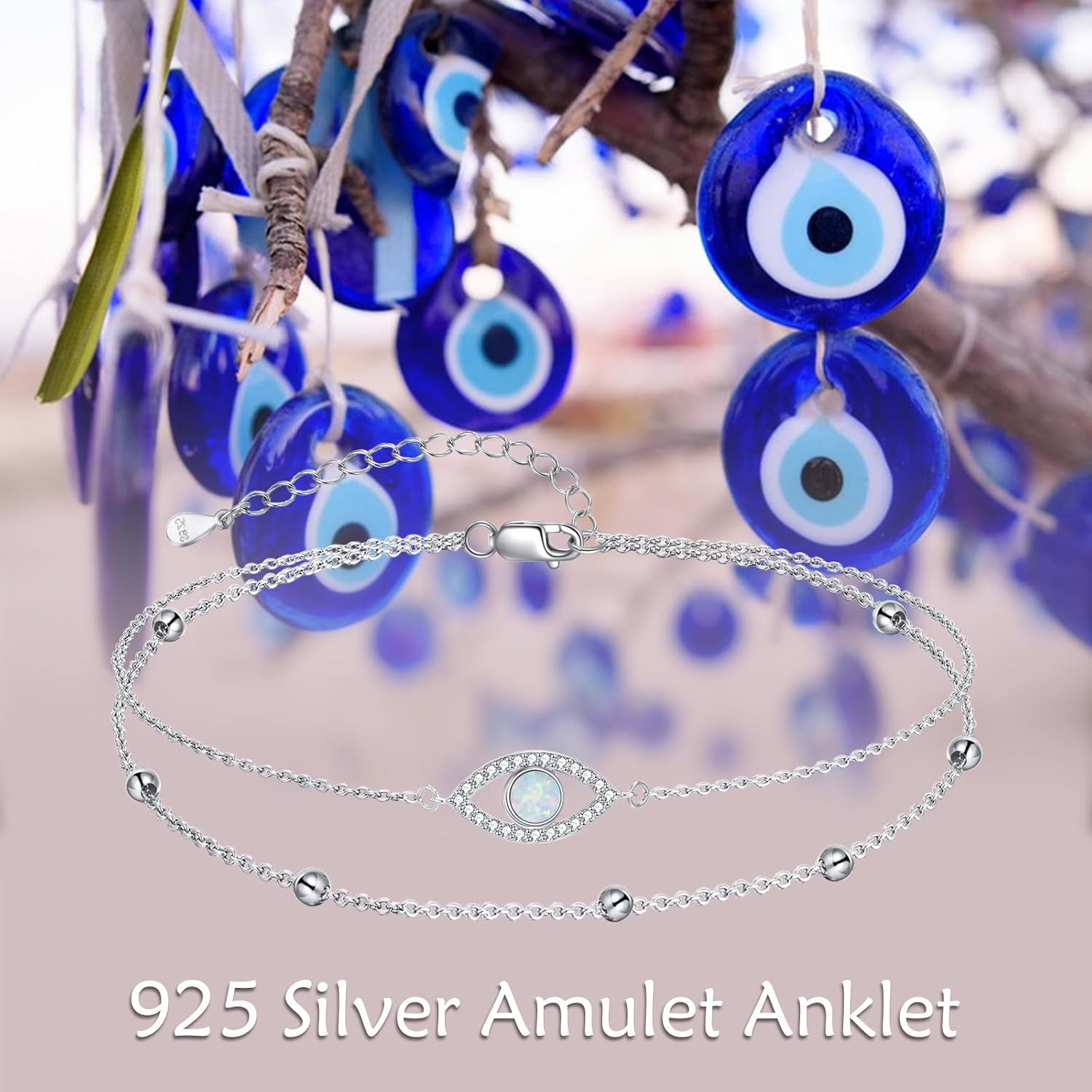MONGAS Evil Eye Anklet Sterling Silver Created Opal Ankles Stackable Evil Eye Ankle Bracelets Christmas Jewelry Anklets for Women