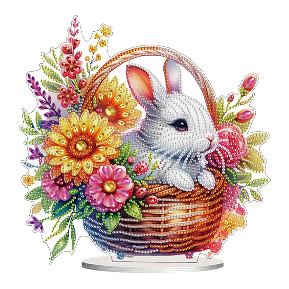 Easter Diamond Art Painting Desktop Kit with Stand, Special Shaped Diamond Art Tabletop Ornament, DIY Decor Craft Gift for Adults Beginners(Rabbit and Flowers)