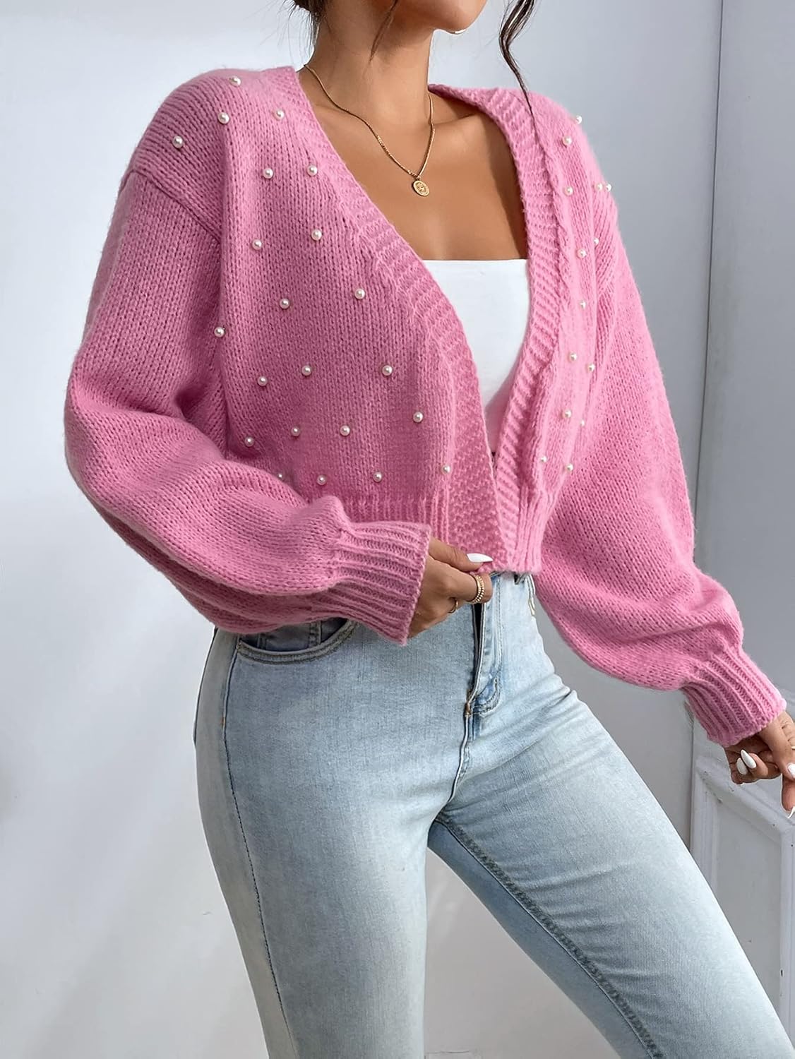 SHENHE Women's Pearl Beaded Open Front Cardigan Oversize V Neck Drop Shoulder Cropped Sweater - Image 3