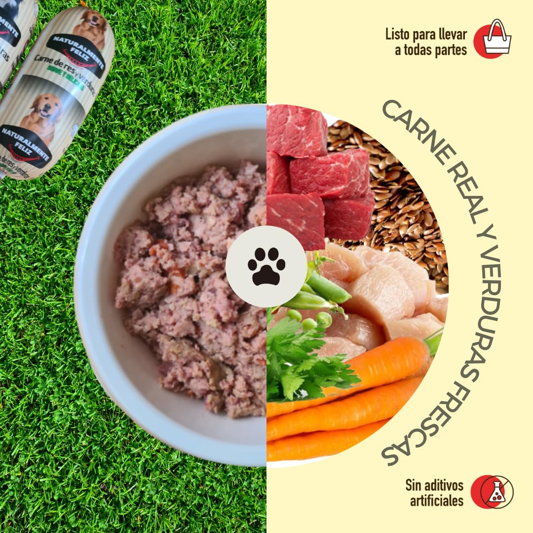 Naturalmente Feliz Alimento Natural casero para Perros, Comida húmeda con Carne y Verduras - 90% Carne (6x450gr) (Cocido Pollo - Ternera y Verduras) Comida Húmeda