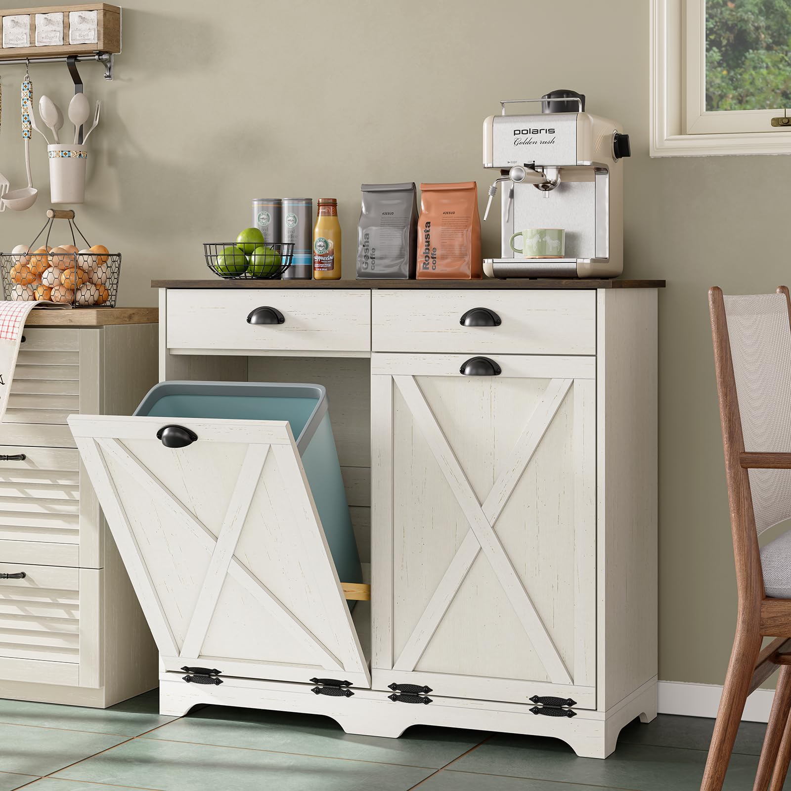 Furniouse Farmhouse Trash Can Cabinet, Double Tilt Out Trash Bin Cabinet