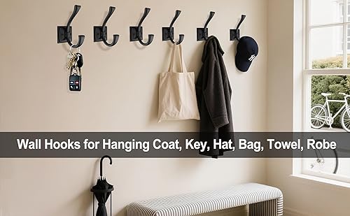 Miniatura 5 de Paquete de 8 ganchos de pared negros antiguos para colgar sombreros, llaves, bolsos, batas, toallas, entrada de cuarto de servicio, puerta de baño,