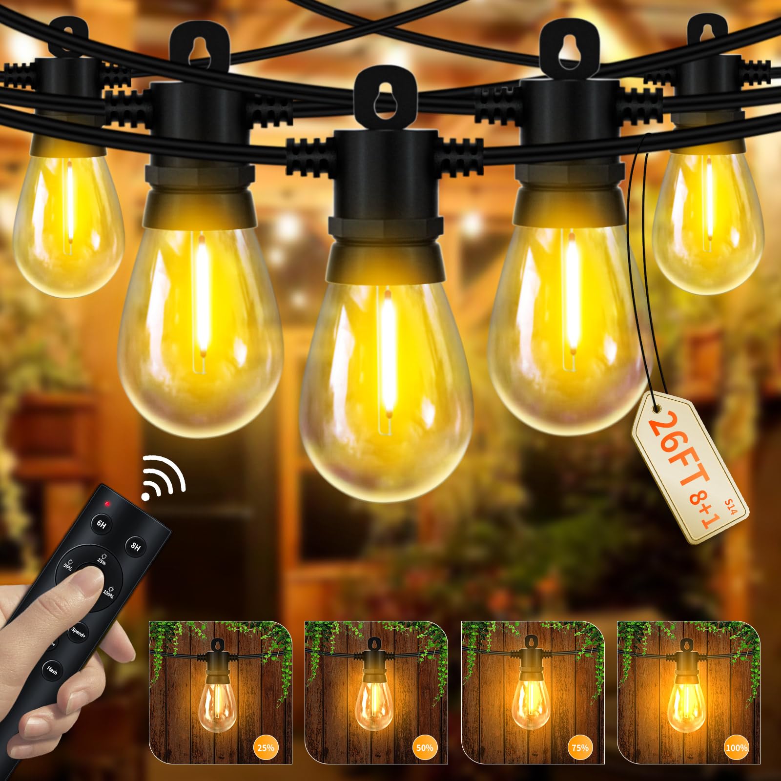 Pogestrand 7.8M/26FT LED Lichterkette Außen Strom mit Fernsteuerung, S14 Outdoor Lichterkette mit 8+1 IP65 Wasserdicht Lichterkette Glühbirnen, Warmweiß 2700K Beleuchtung für Terrasse Garten Hochzeit