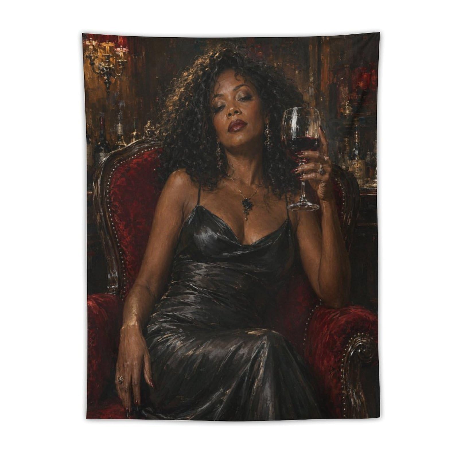 W7C8U2X3 Elegant Black Woman Wine Glass Wall Tapestry, Dorm Room