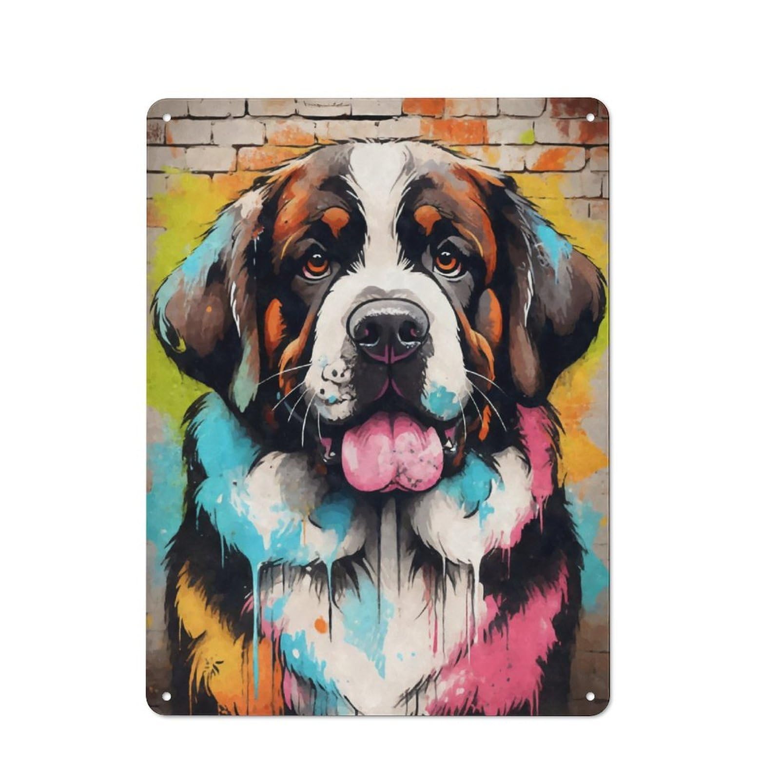 Junmoney Saint Bernard Dog Graffiti Rustic Metal Sign 40X30cm Featuring For Living Room Wall, For Vintage Wall Decor Fans, For Metal Sign Collectors
