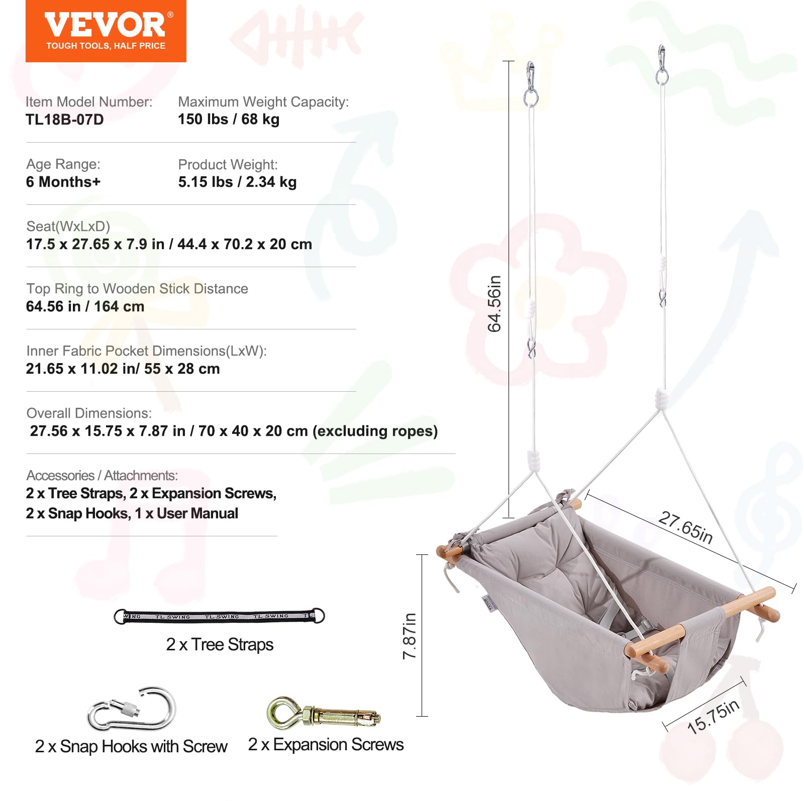 VEVOR Balançoire Hamac Bébé 3 Modes, 68 kg, Harnais 5 Points, Intérieur Extérieur