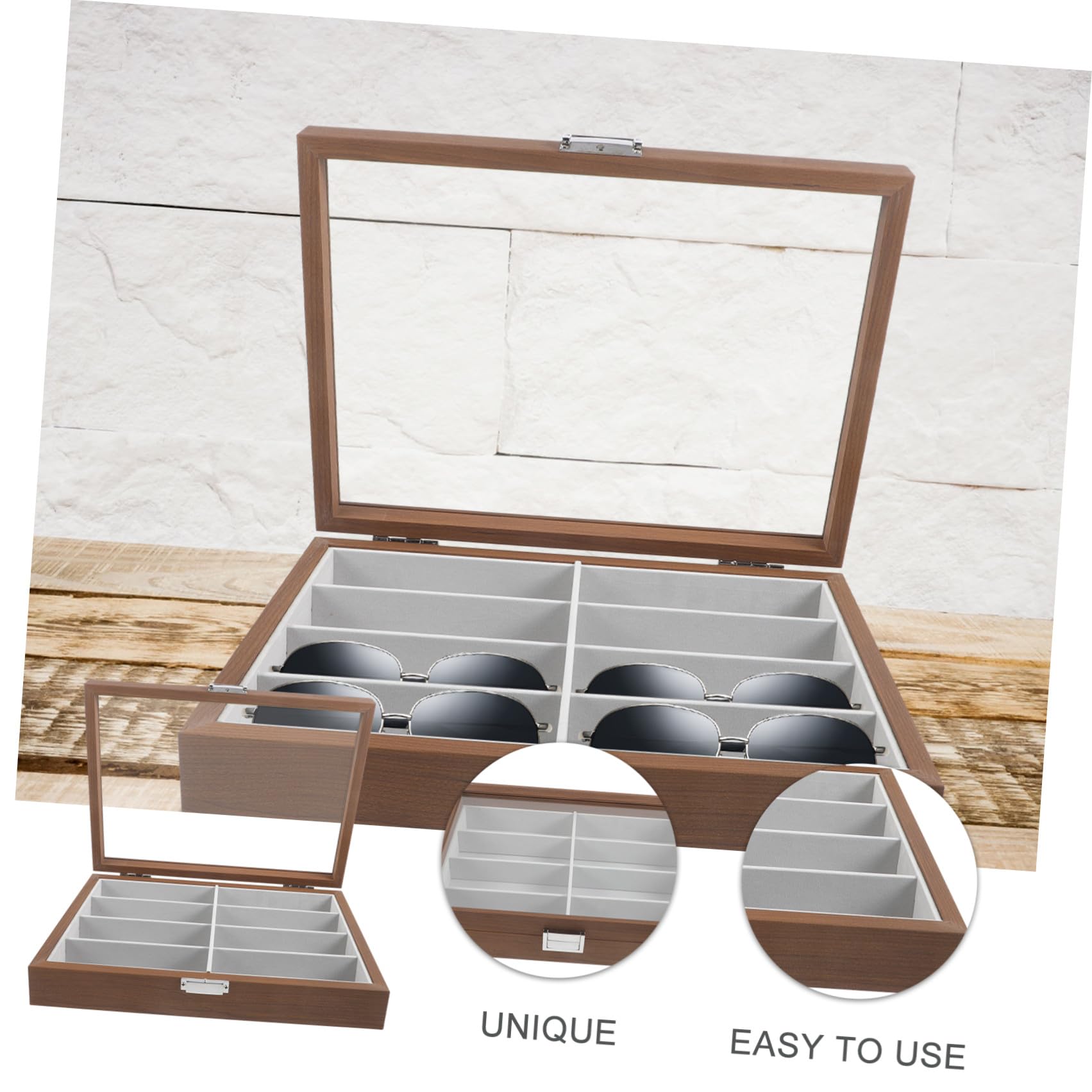 Organisateur de Lunettes en Bois 8 Emplacements, Boîte Rangement Lunettes Scratch-free et Fonction Protective pour Fête Estivale à Domicile ou Bureau