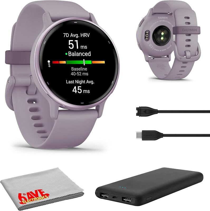 Reloj inteligente Garmin Vivoactive 5 Fitness Tracker para hombres y mujeres con bisel metálico de orquídea con funda de orquídea y correa de silicona con pantalla táctil AMOLED brillante de 1,2" y duración de batería de 11 días