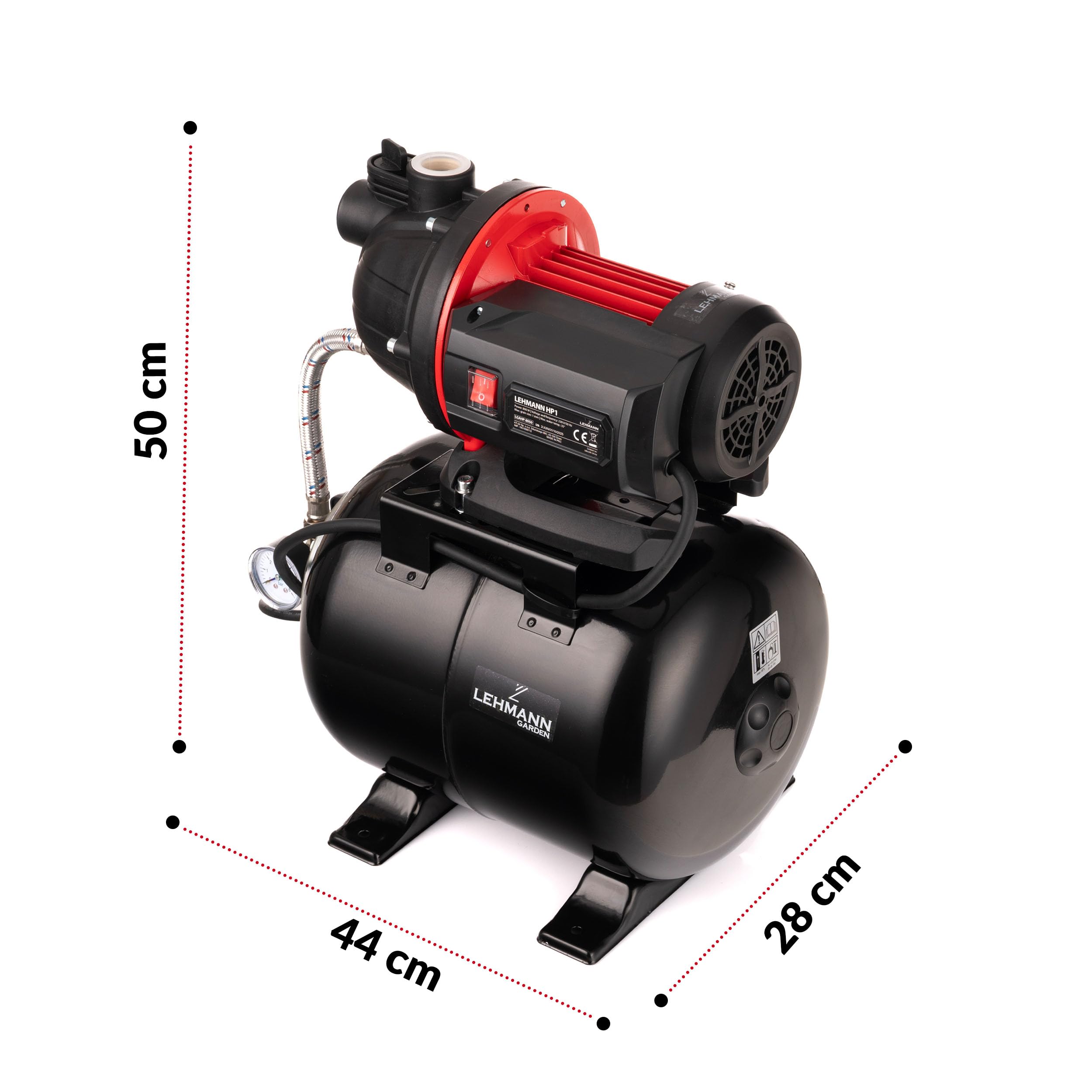 LEHMANN Groupe de Surpression HP1, 800 W, 5200 l/h, Réservoir en Acier Inoxydable 19 L, Hauteur de Refoulement 43 m, Profondeur d’aspiration 8 m, Auto-amorçante, Filtre & Manomètre, Noir