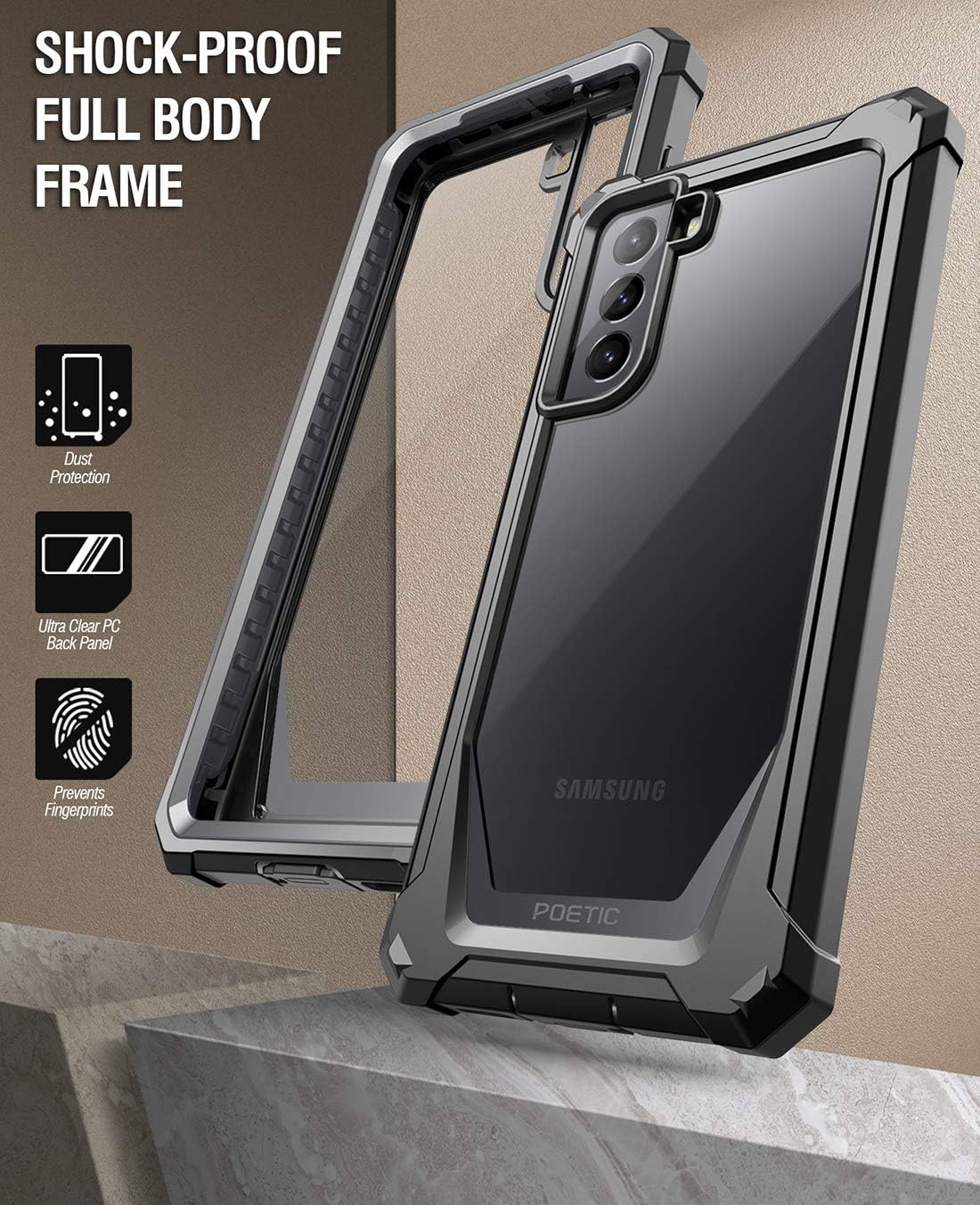 Poetic Guardian Series Case for Samsung Galaxy S21 5G, 6.3 inch, Full-Body Hybrid Shockproof Bumper Clear Cover Case, Built-in-Screen Protector, Black/Clear