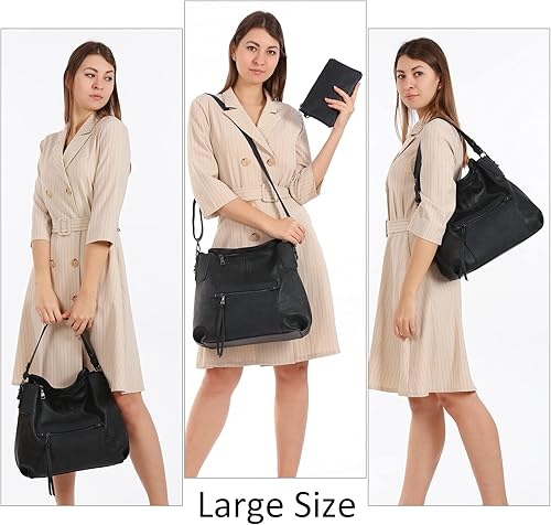 Miniatura 2 de Realer - Bolsa grande estilo hobo para mujer de piel sintética con borla 1 - Brown-golden Hardware(12.4"), Black-golden Hardware(12.4"),