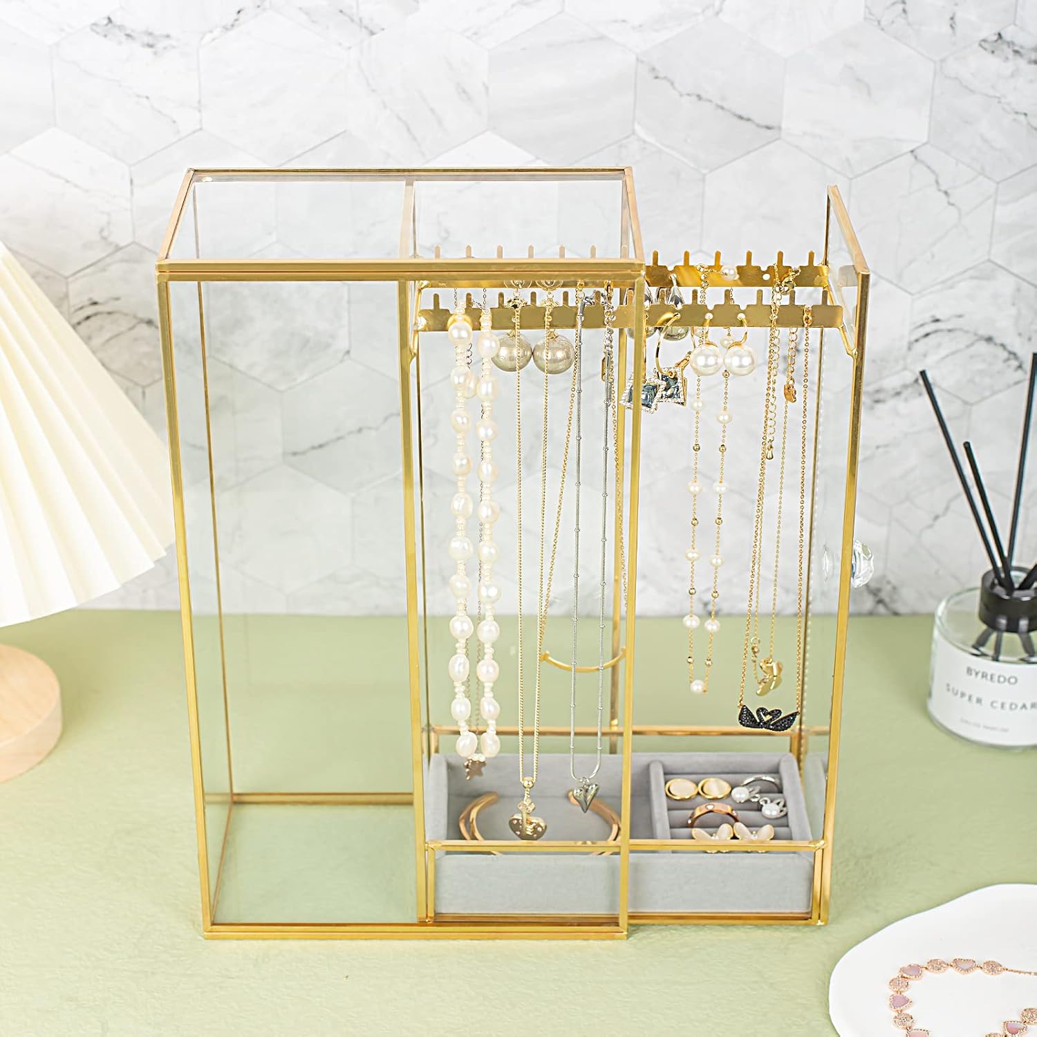 Glass Necklace Organizer Holder, Jewelry Organizer Necklace Holder with Hanging Hooks, Glass Necklaces Display Case for Storage Rings Earrings