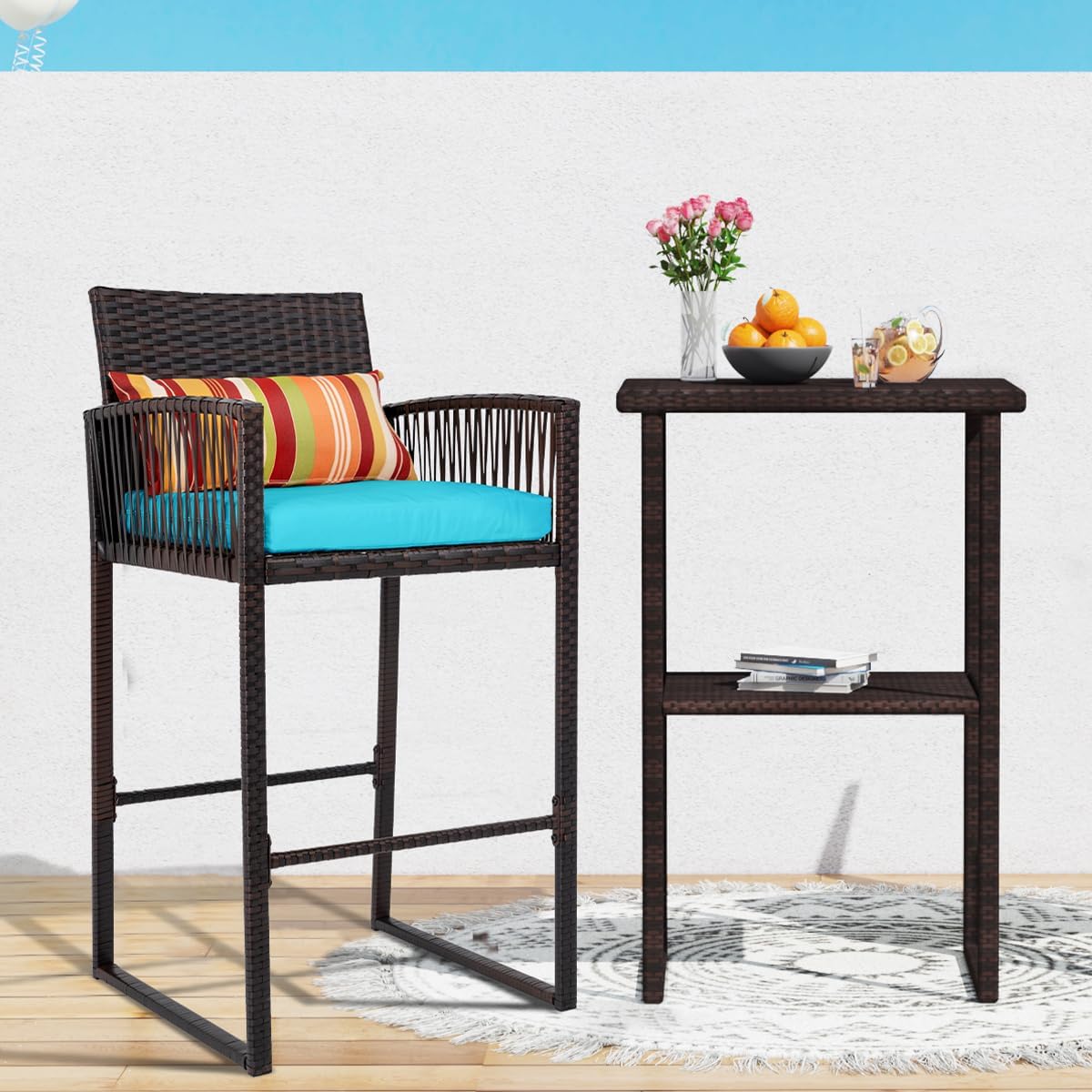 Sundale Outdoor Wicker Bar Stools Set of 4, Patio Counter Height Rattan Rope Stools with Back Rest, High Chair with Pillow & Cushion, All-Weather Armless Tall Pub Barstool (Brown & Blue, 4 Stools)