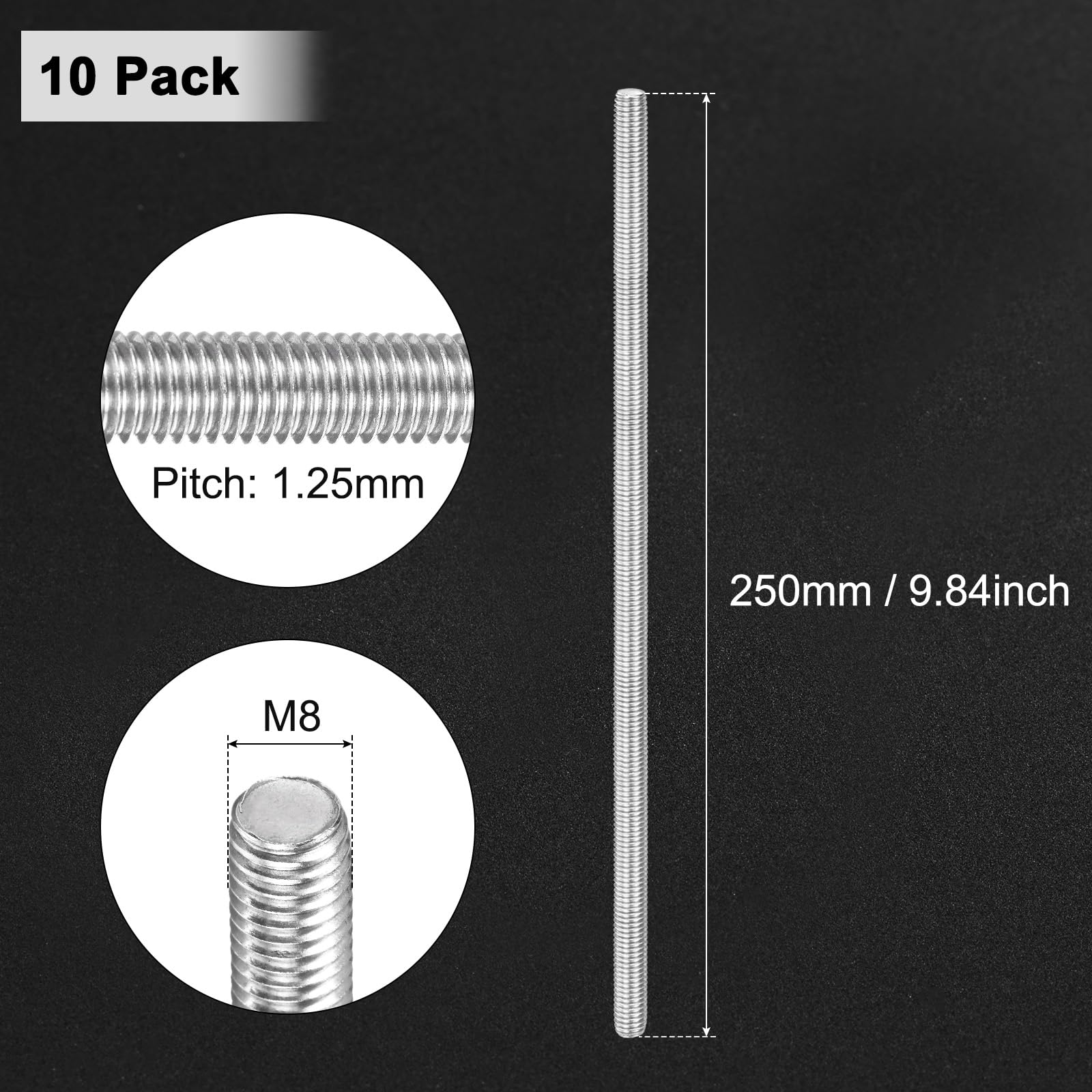 M METERXITY 10 Piezas De Varilla Roscada Completa M8x250mm 304 Acero Inoxidable Roscado A La Derecha Para Pernos De Anclaje Abrazaderas U Pernos Para Muebles Tornillo Métrico Roscado