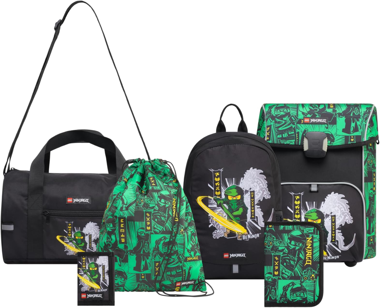 LEGO NINJAGO School Bag Set - Complete 6 Piece Set - Spacious School Bag, CE Certified Pencil Case, Gym Bag, Small Backpack, Wallet & Gym Bag, Lego Ninjago Green, Lego Ninjago