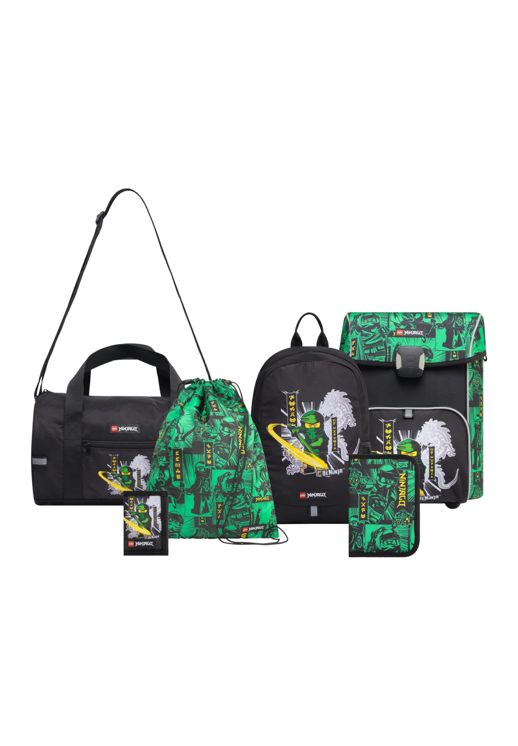 SKANDO BAGS LEGO® NINJAGO® Schulranzen Jungen 1. Klasse Set Green – 6-teilig LEGO NINJAGO Set mit Schulrucksack Jungen, Zusatzrucksack, Turnbeutel, Federmäppchen Junge, Geldbörse & Sporttasche