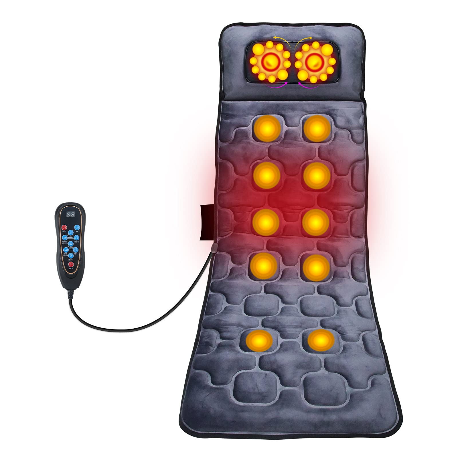 Massage Mat, Full Body Massage Pad with 10 Vibration Motors & Shiatsu Neck Massage Pillow, Heating Pads for Back Pain Relief, Massage Mattress Relax Neck, Back, Lumbar, Calf, Legs Muscle