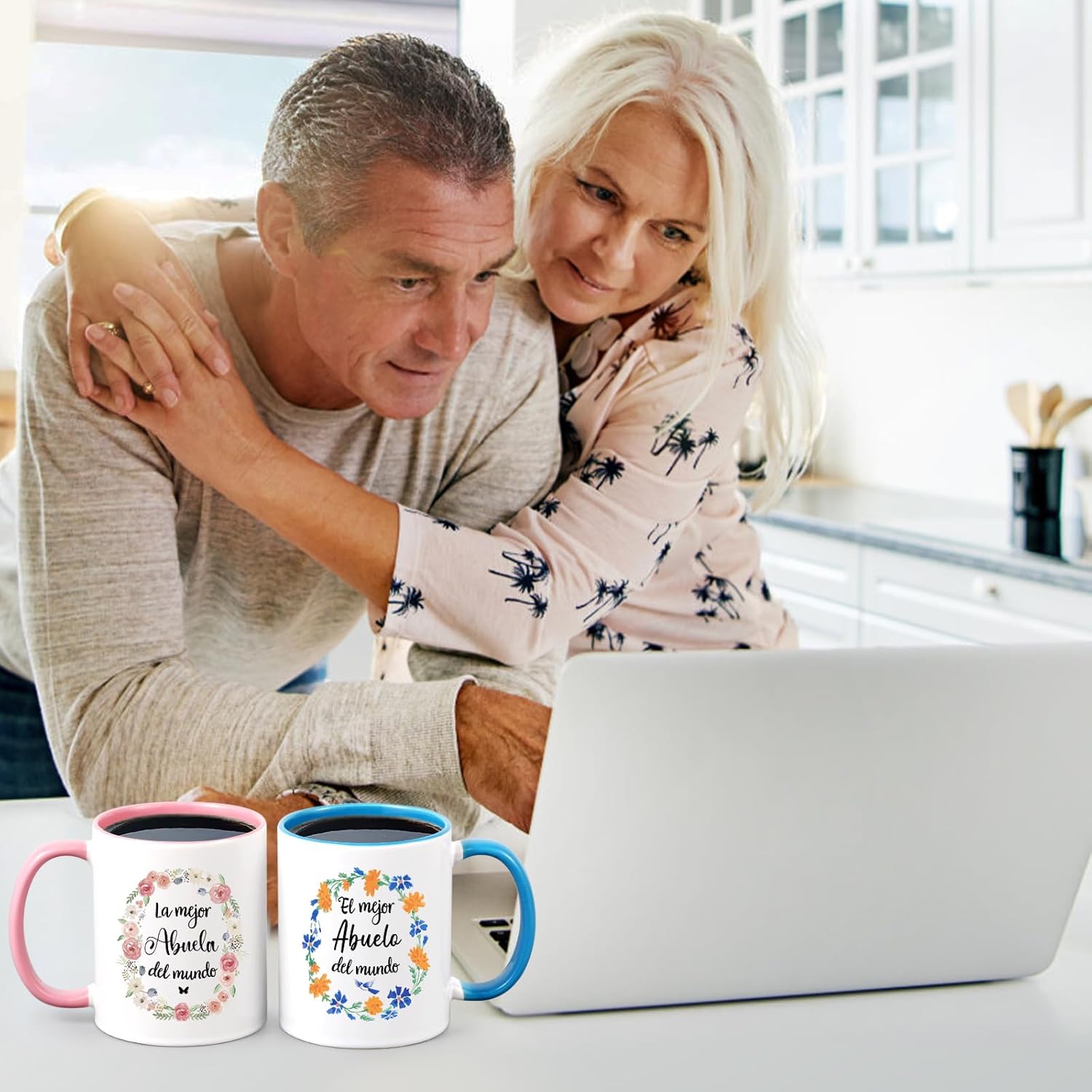 YHRJWN Coffee Mugs, Set of 2 - La Mejor Abuela Abuelo, Best Grandma Grandpa Gifts, 11 Oz, Porcelain, Christmas Theme, Reusable, Dishwasher Safe - Image 2