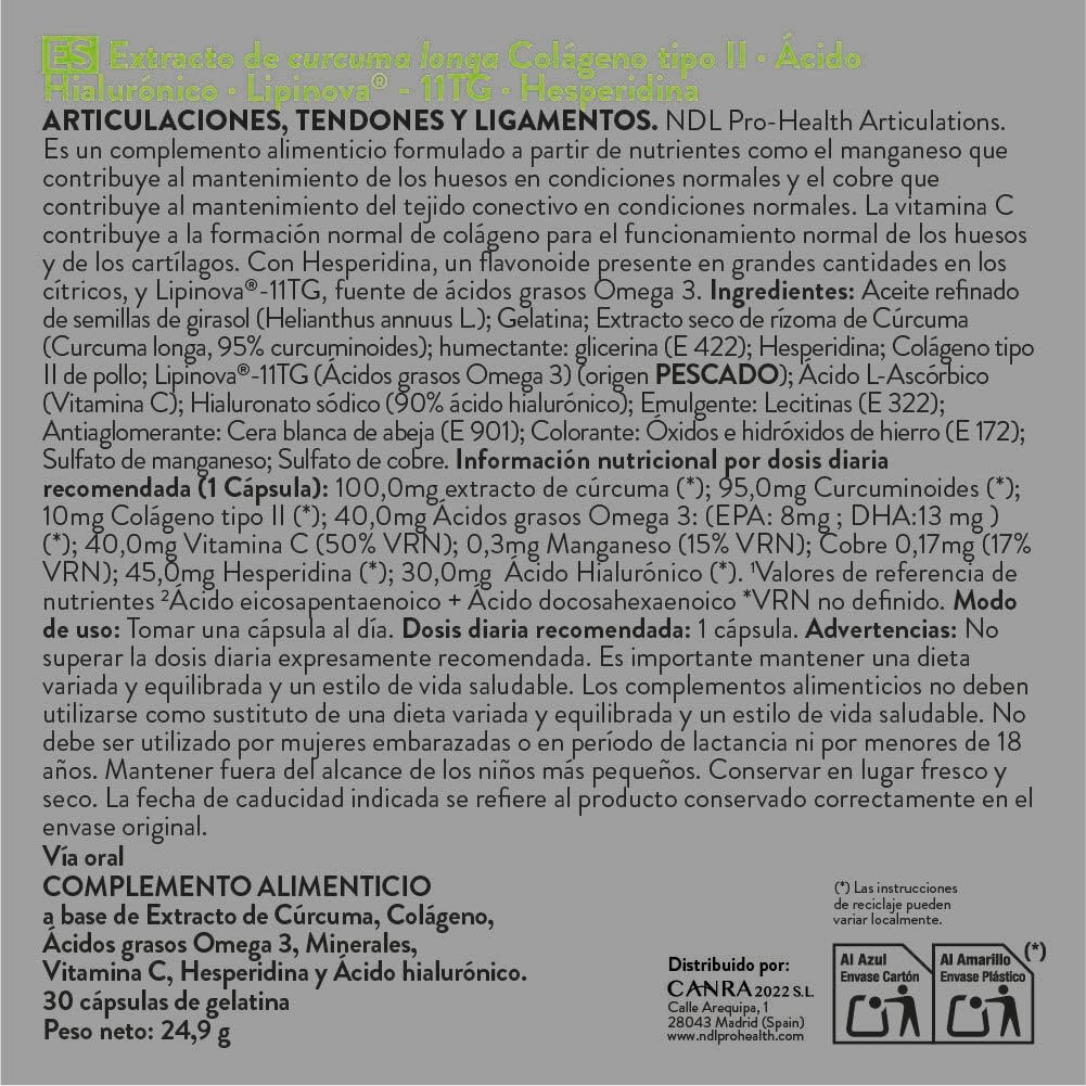 NDL Pro-Health Articulations | Colágeno Tipo II + Ácido Hialurónico + Cúrcuma + Vitamina C | Soporte para huesos, cartílagos y articulaciones | Contiene aceite de pescado | Rafa Nadal & Cantabria Labs