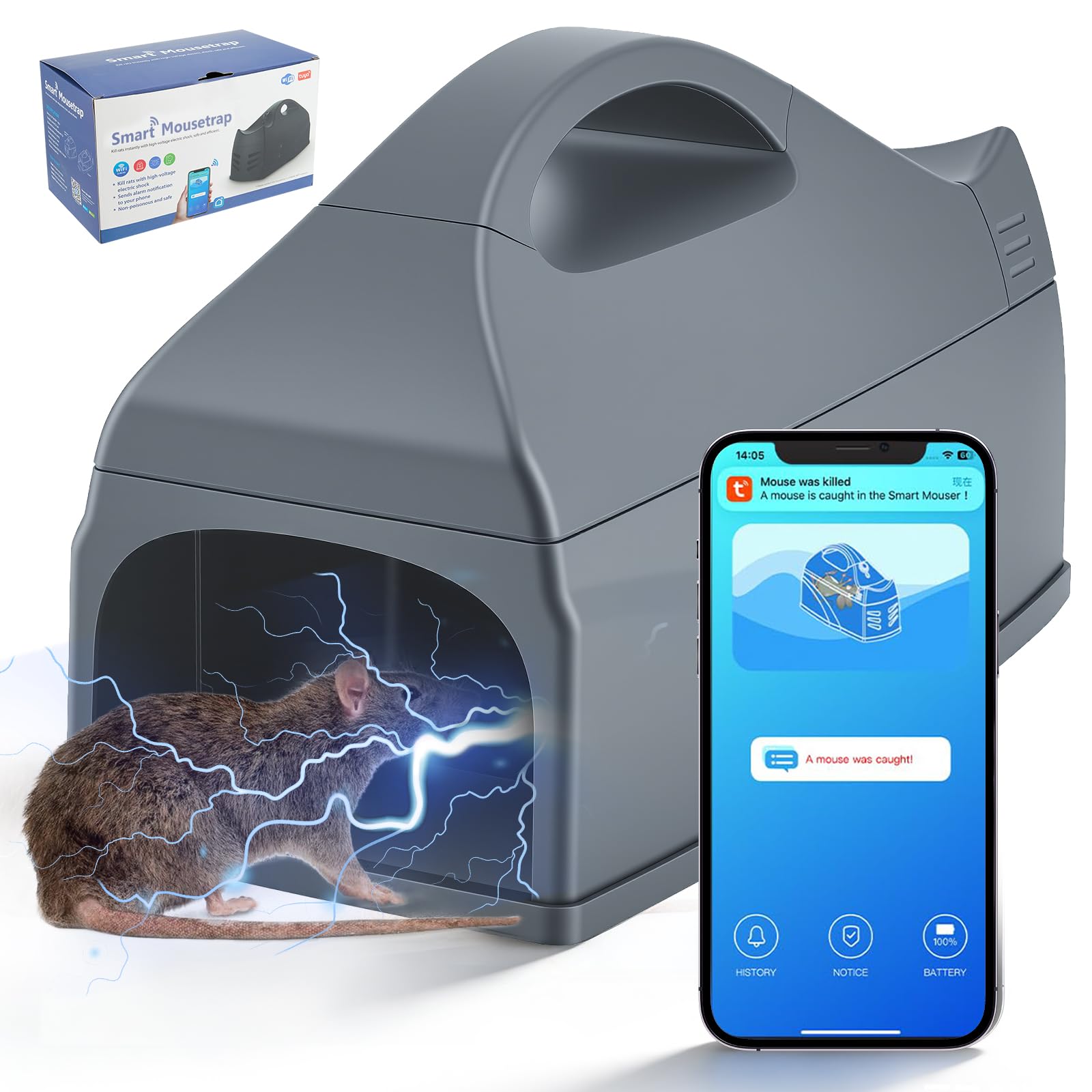 Piège à Rats Électrique Connecté WiFi – Alerte Instantanée sur Mobile, 700mA Haute Puissance, Autonomie 1 an, 45m Portée – pour Intérieur/Extérieur, Capture Rapide Souris et Rats