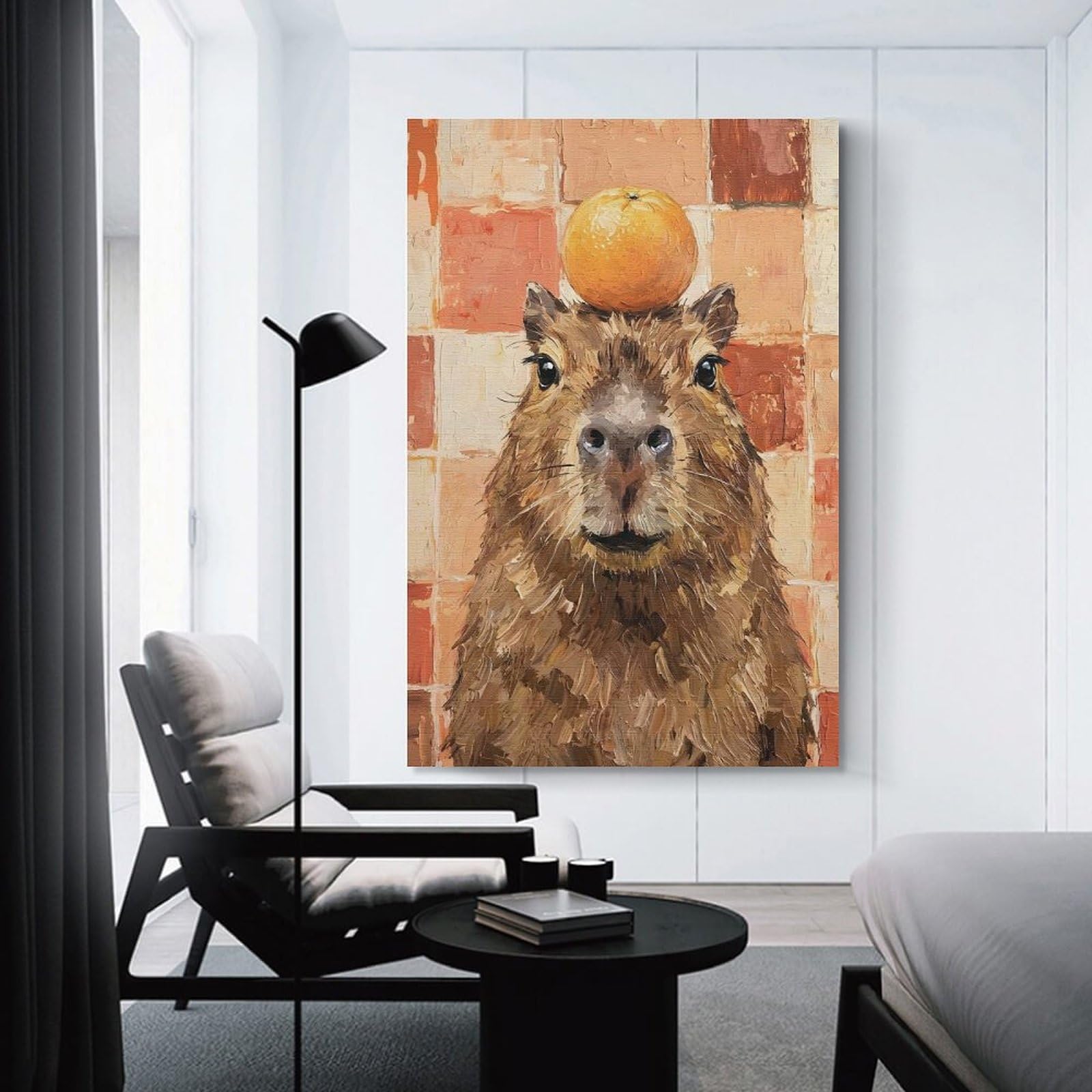 Junmoney Unframe-Style-3 Capybara With Orange Hat Wall Art Print 20X30inch(50X75cm), For Gallery Wall Layouts In Home Or Office, An Easy Match For Collected Prints