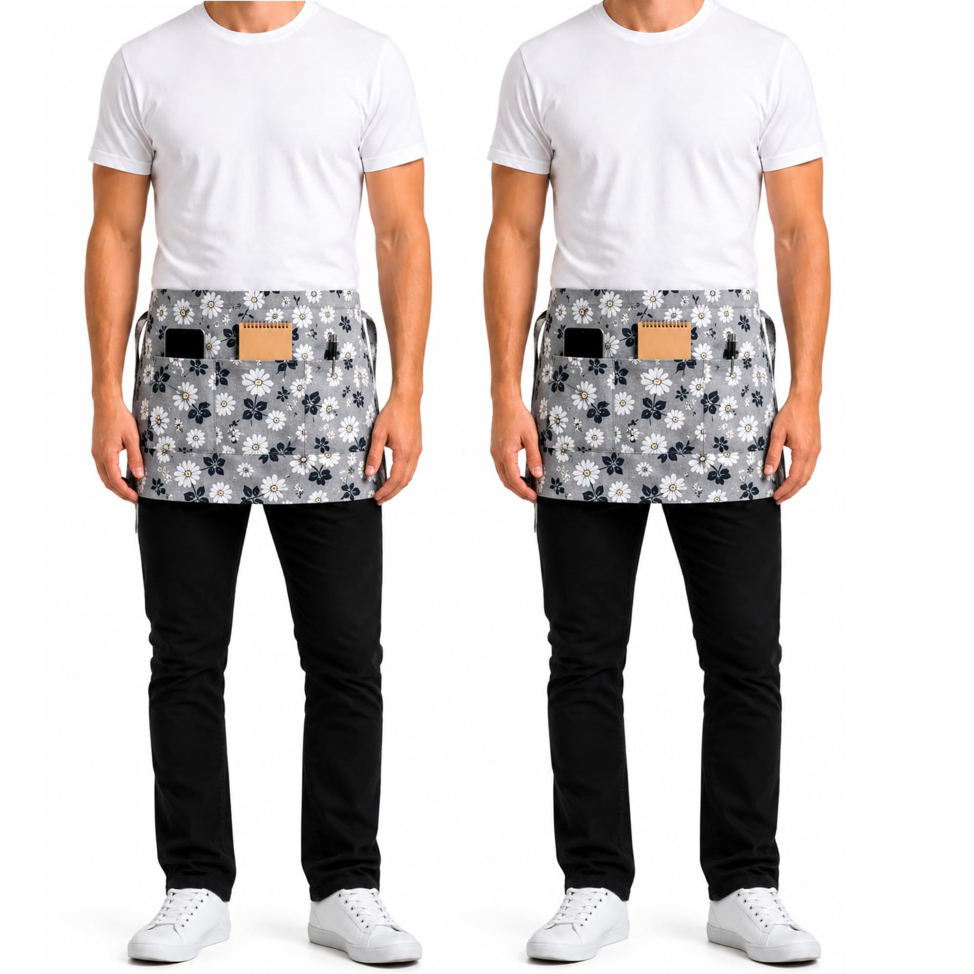 Grey Floral Half Apron for Men & Women, Pack of 2, Waist Apron with Large Front Pocket, Adjustable Waist Tie, Kitchen Apron for Cooking, Baking, Gardening, Café, Salon & Restaurant Use-image-15