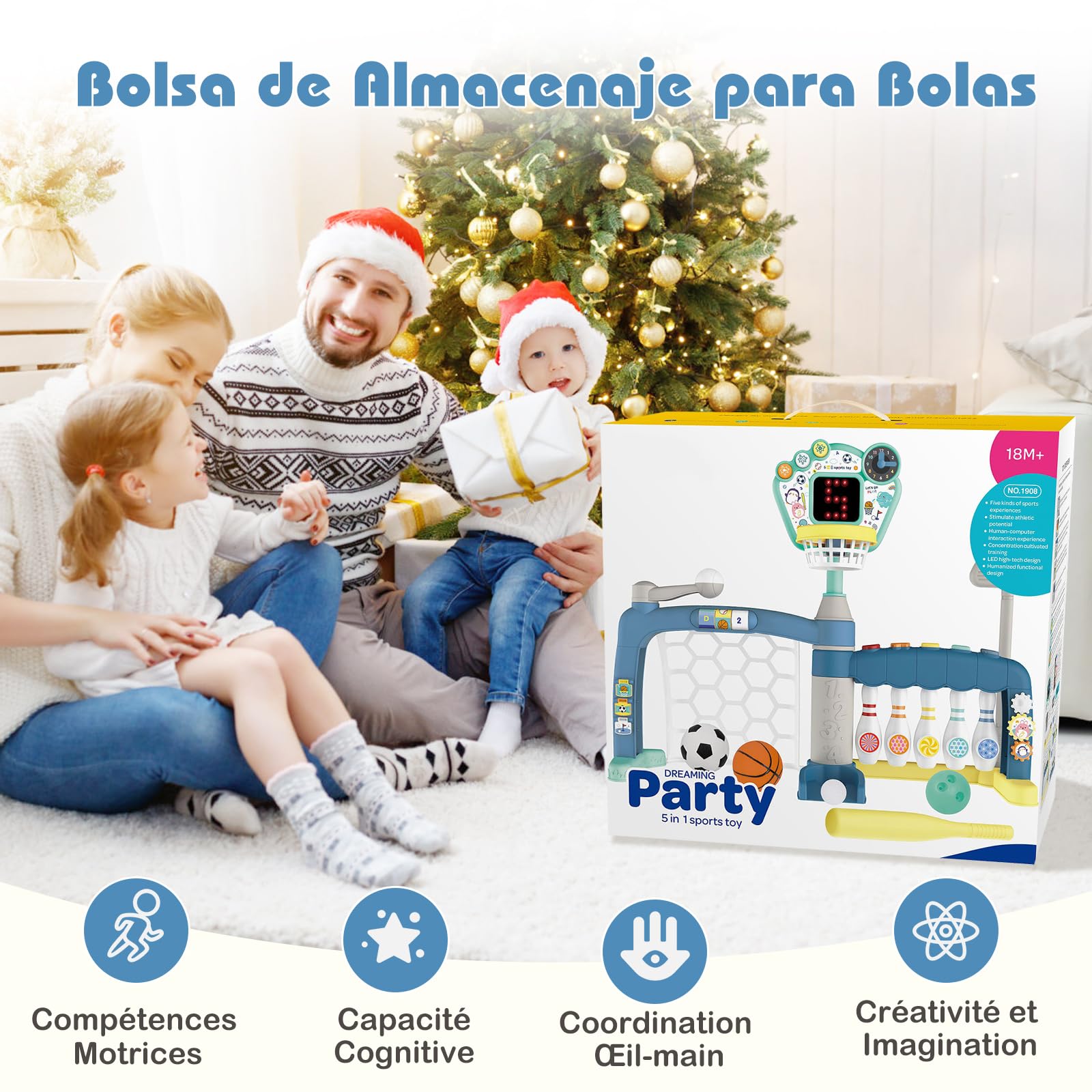 COSTWAY Jouet Sportif 5 en 1 Enfant avec Panier de Basketball & Football & Golf & Bowling & Baseball, Centre d'Activités avec Lumières & Musique & Score LED, Horloge et Cartes pour 18 Mois+