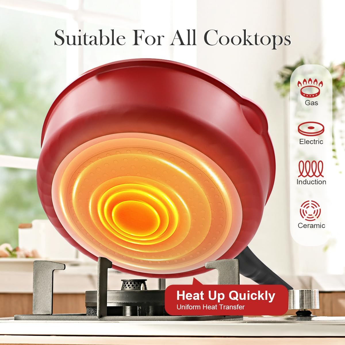 12 Inch Frying Pans Nonstick with Lid, Non Stick Saute Pan Skillet, Large Cooking Pan Kitchen Pans, Compatible with All Stoves, Detachable Handle, Oven Safe, PFOA Free, Red (5 Qt)