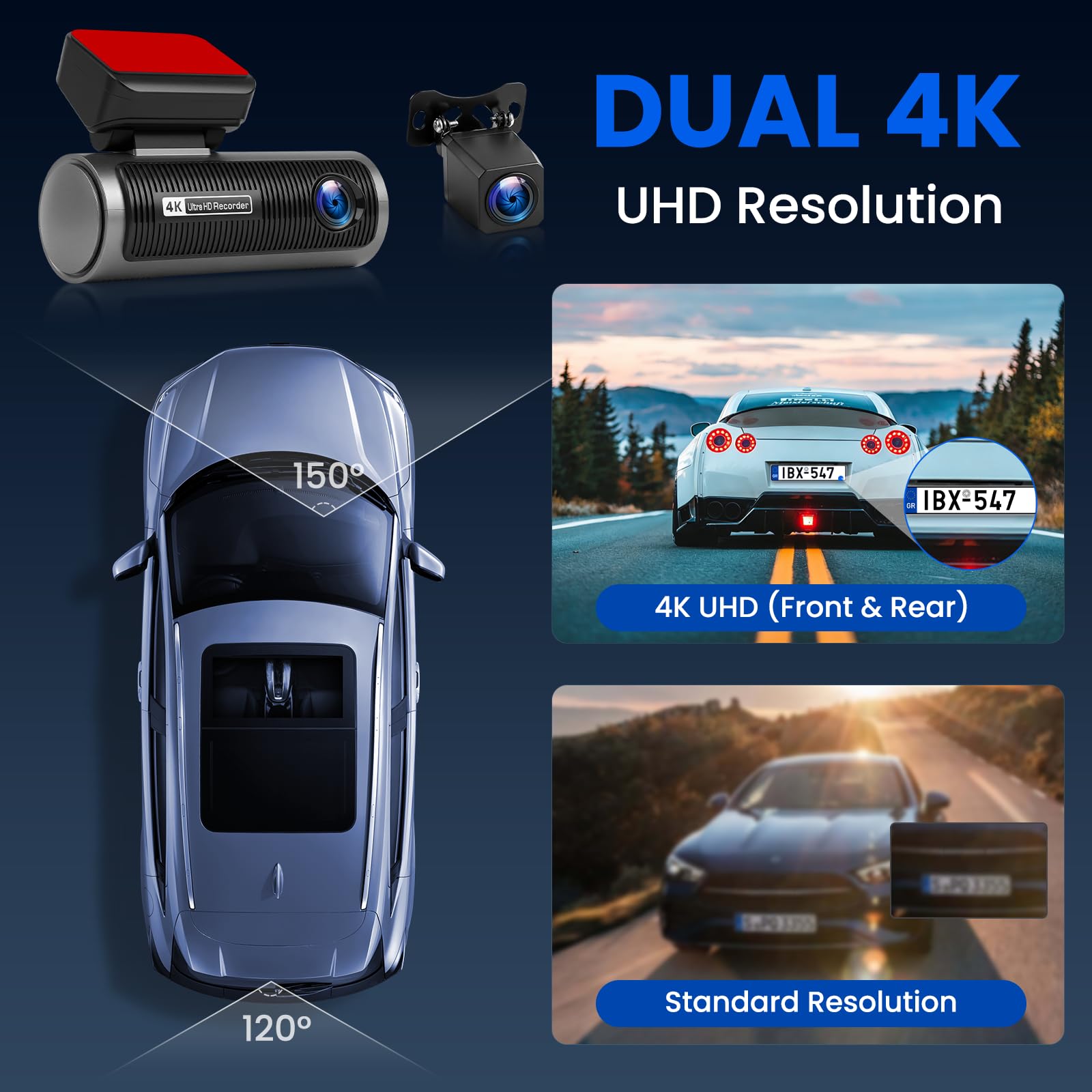 2 Canales Dash CAM, WiFi Dash CAM con 4K Delantero y Trasero, Pantalla de 3 Pulgadas, Cámara de Coche con Tarjeta 64 G/G-Sensor/Grabación en Bucle/Visión Nocturna/24h-Monitor de Aparcamiento