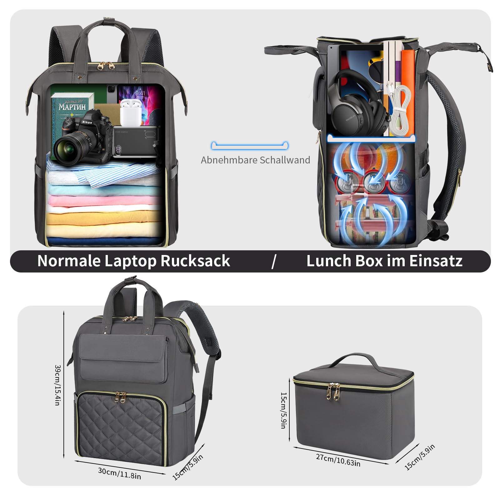 BERTASCHE Zaino per il pranzo, per laptop da donna da 15,6 pollici, con borsa termica isolata, zaino da lavoro 2 in 1, per donne, lavoro, lavoro, viaggi, insegnanti, scuola, università, grigio chiaro