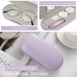 MoKo Double Eyeglass Case, Contact Lens Case with Mirror Tweezers Remover, 2 in 1 Double Sided Portable Contact Lens Box Holder Container Soak Storage Kit Sunglasses Pouch for Men & Women, Lilac