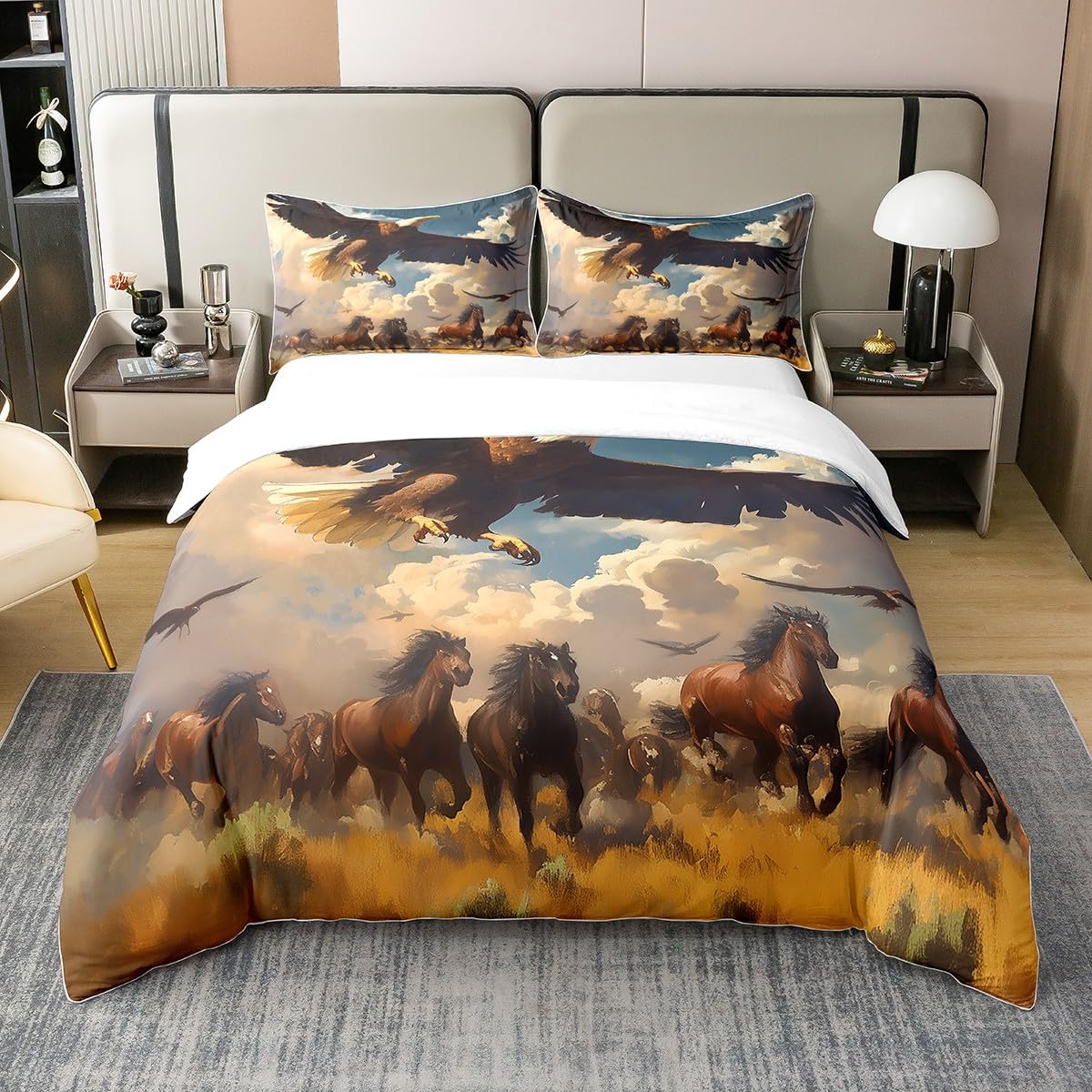 Homemissing Galloping Horse Bedding Set Single Size Kids Eagle Comforter Cover Set for Boys Girls Teens 3D Wild Animal Pattern 100% Cotton Duvet Cover Farmhouse Theme Bedspread Cover