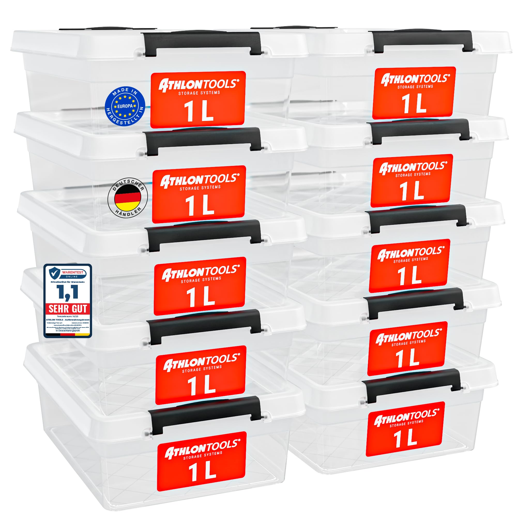 ATHLON TOOLS 10er Set 1l Aufbewahrungsbox mit Deckel klein - 100% Lebensmittelecht BPA frei - Plastikbox mit Deckel stapelbar - Aufbewahrung & Ordnung - Kunststoff Stapelboxen aus Neumaterial