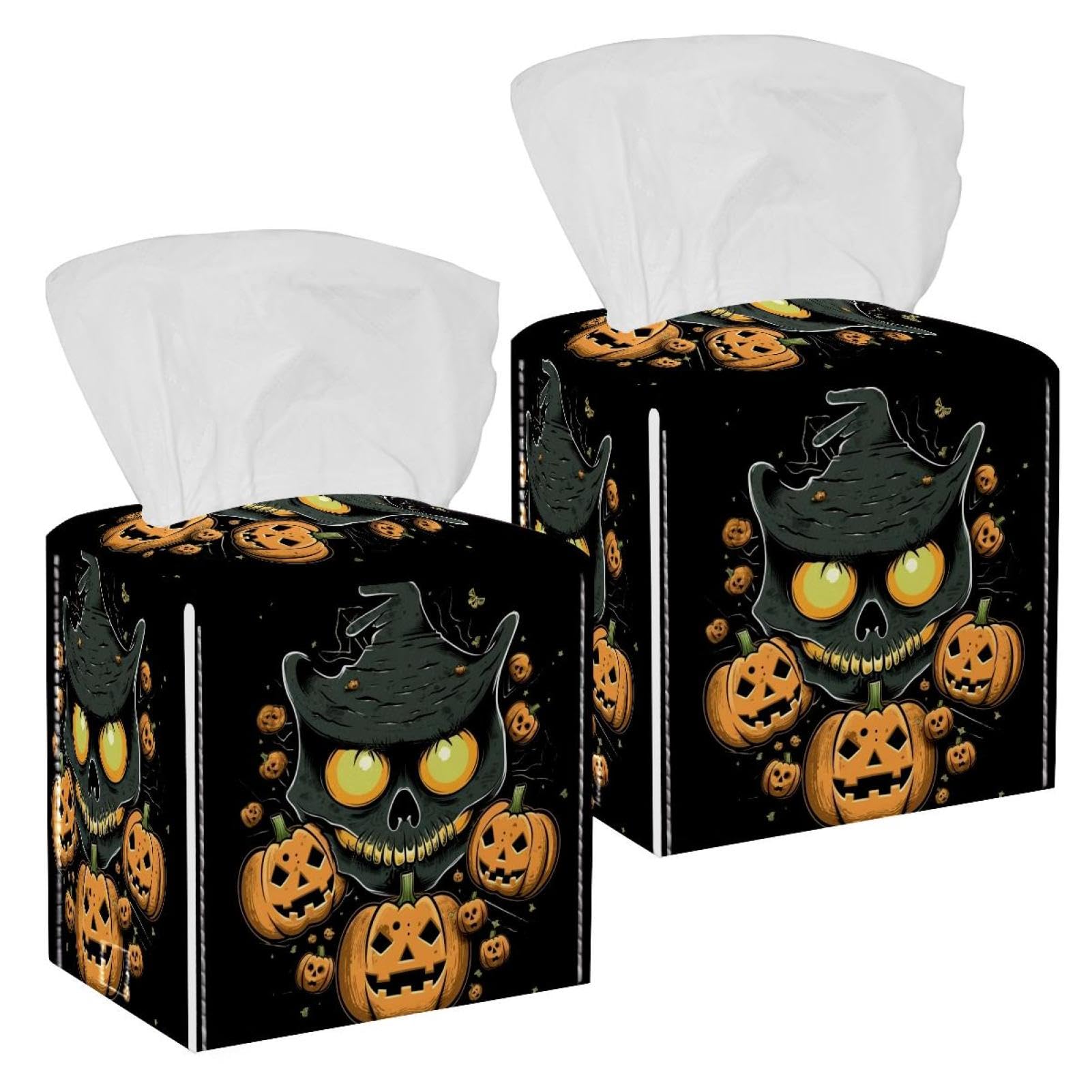 Halloween Pumpkin Skull Tissue Box Cover, 2 Pack PU Leather Square Facial Tissue Dispenser Box holder for Home Office Car