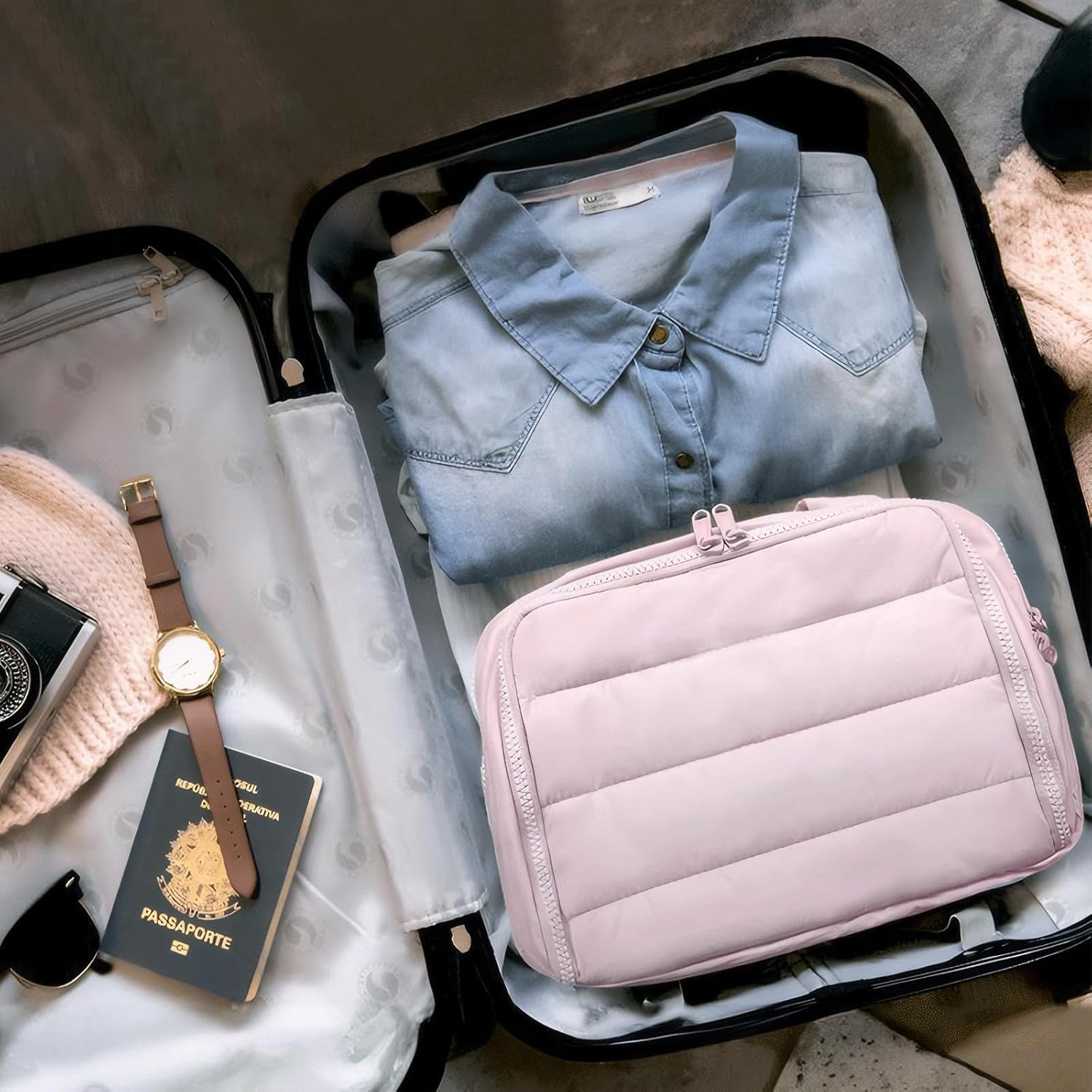 Elouva Convely Toiletry Bag, Elouva Makeup Bag, Large Capacity Puffy Wide-Open Travel Cosmetic Bag with Handle for Accessories, 4-in-1 Multi Compartment Toiletry Organizer Bags for Women (Pink)