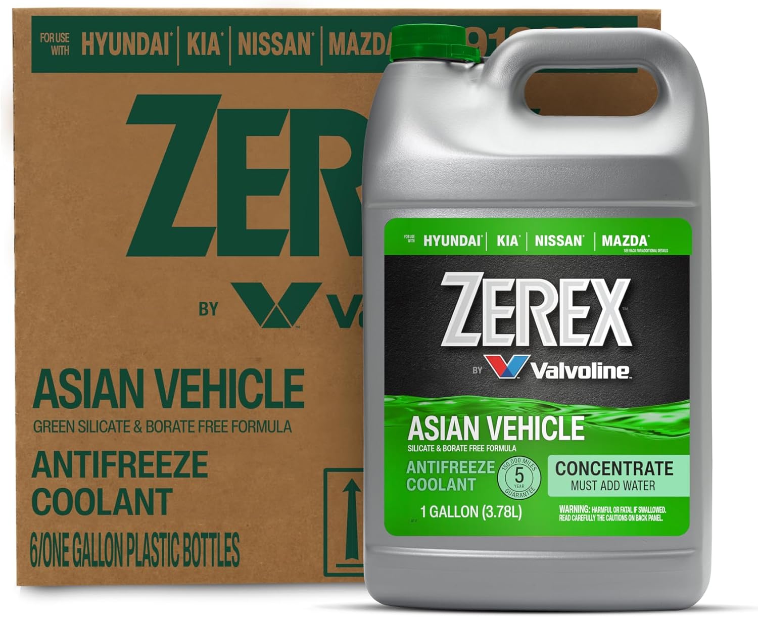 Zerex Asian Vehicle Green Antifreeze Coolant Concentrate 1 Gallon, Case of 6